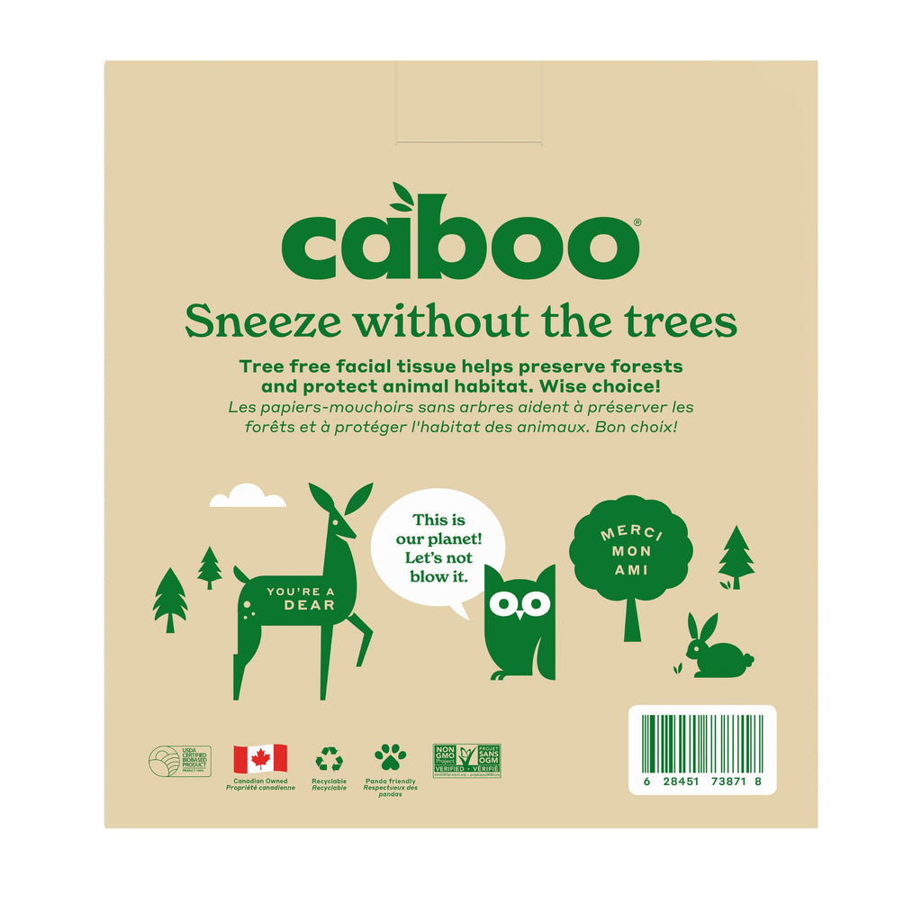 Caboo Tree Free Facial Tissues, 3 Ply Natural Tissue Paper, Pack of 4, Hypoallergenic Tissue Boxes, 60 Tissues Per Box, 240 Total Tissues