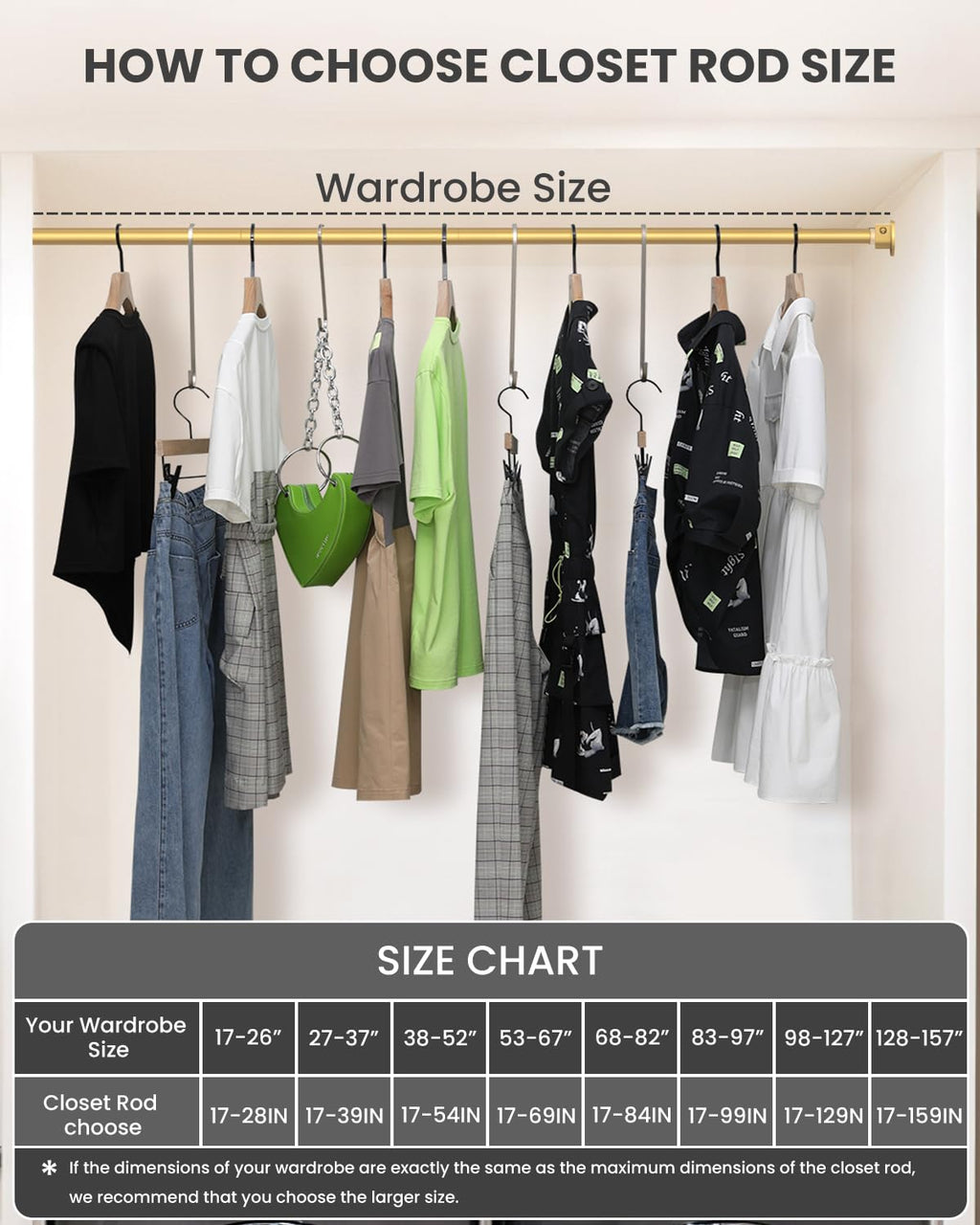 Closet Rods for Hanging Clothes, 17-54 inches Stepless Adjustable Metal Closet Rod, 1.3 Inches Heavy Duty Clothes Hanging Rod for Closet Wardrobes Laundry RV, Golden