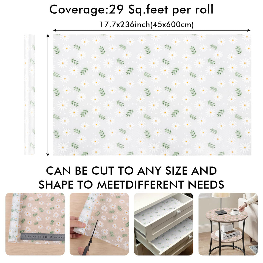 Arthome Shelf Liners 17Inch x 20FT Cupboard Liners, Non-Adhesive Cupboard Shelf Oil-Proof Waterproof, Non-Slip Drawer Liners EVA Plastic Kitchen Shelf for Fridge Cabinet (Daisy Green Leaves Dot)