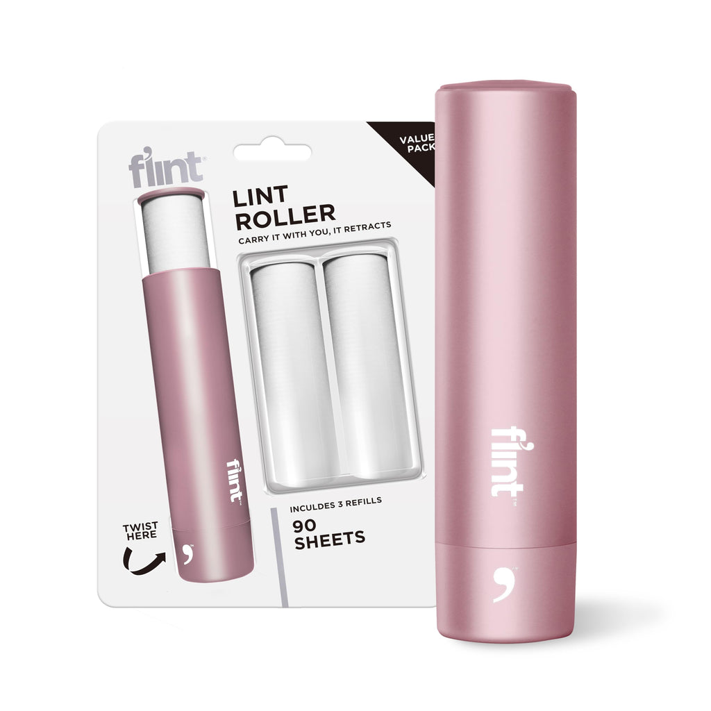 Flint Rose Gold Retractable Mini Lint Roller with 90 Extra Sticky Sheets, Small and Portable Lint Roller, Ideal Pet Hair Remover Lint Roller, Travel Lint Rollers and Lint Shaver for Clothes