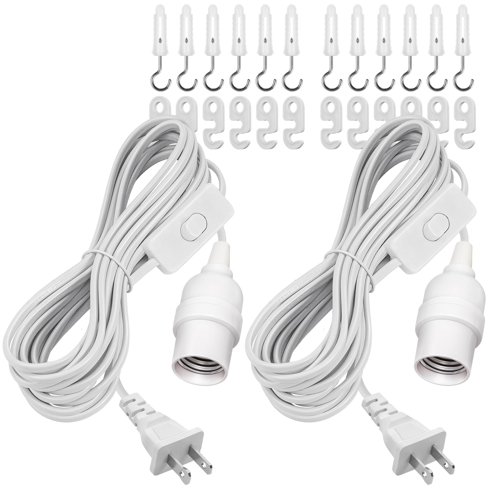 DiCUNO Hanging Extension Lantern Cord, 19.7Ft Cable with E26 Bulb Socket, 2-Prong Plug and On/Off Switch Button, White Pendant Lamp Cord for Kitchen Bedroom Plant Growth Light, 2 Pack