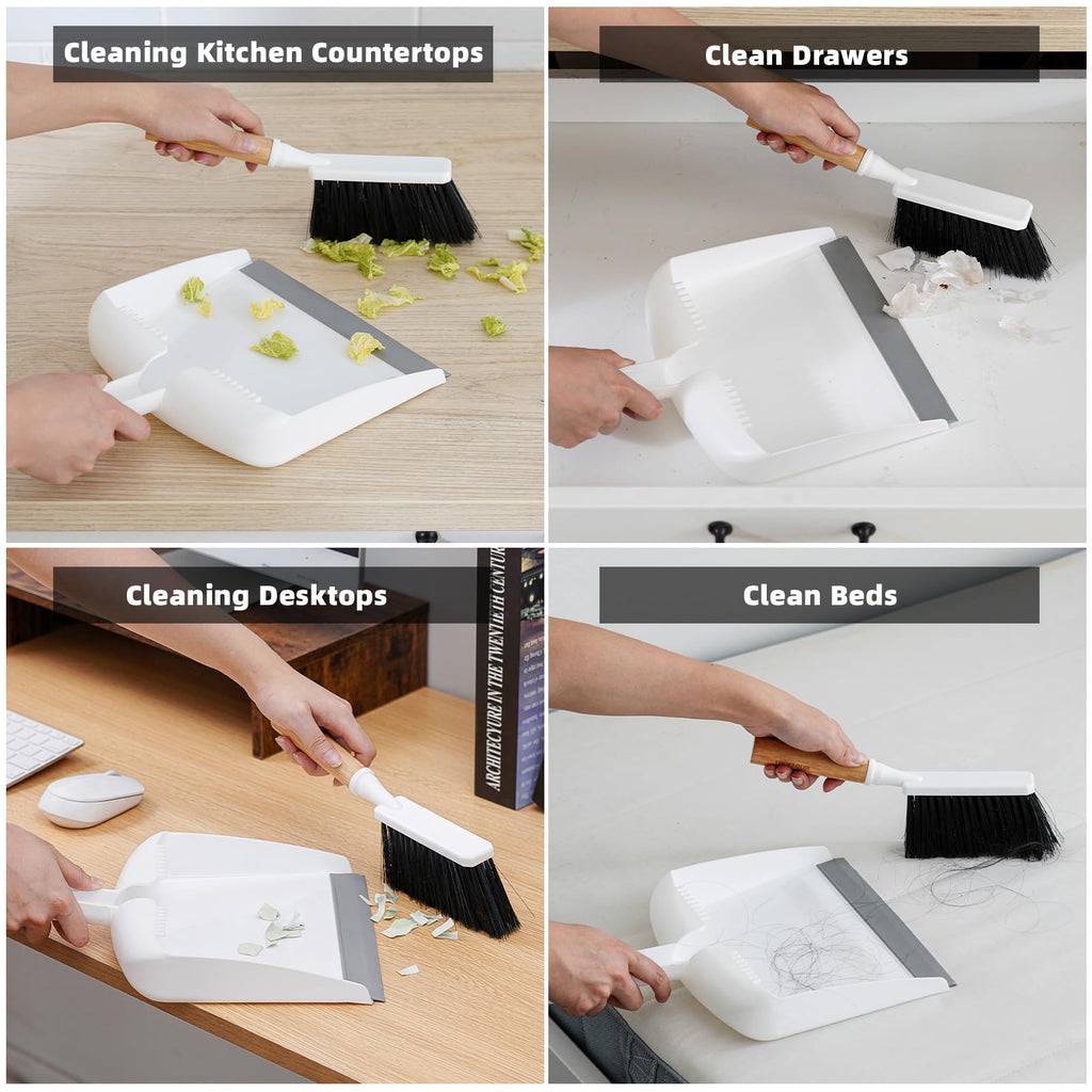 SUBEKYU Dustpan and Brush Set with Bamboo Handle, Hand Small Broom and Dustpan Set for Kitchen/Desktops/Bedroom, White, 1 Set