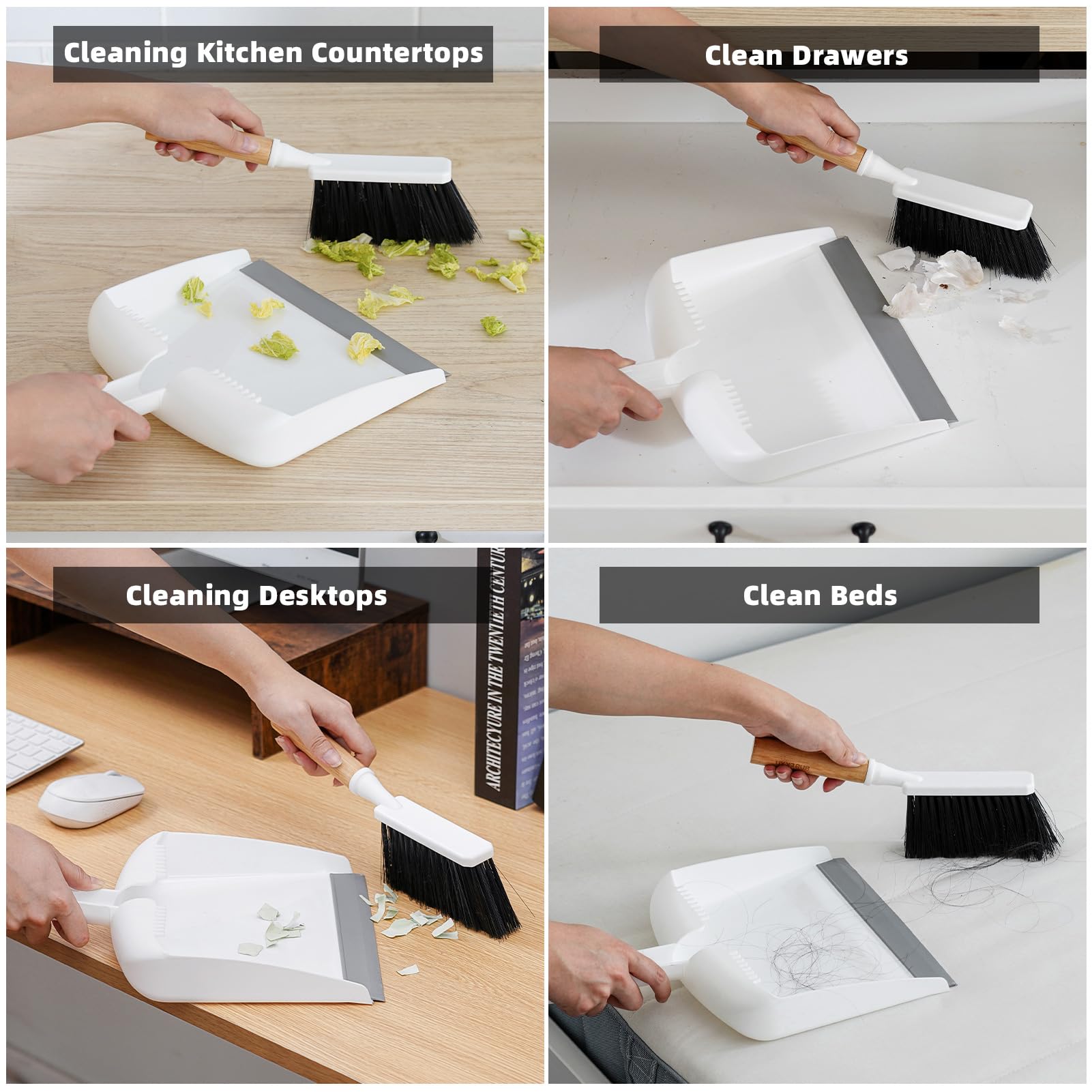 SUBEKYU Dustpan and Brush Set with Bamboo Handle, Hand Small Broom and Dustpan Set for Kitchen/Desktops/Bedroom, White, 1 Set