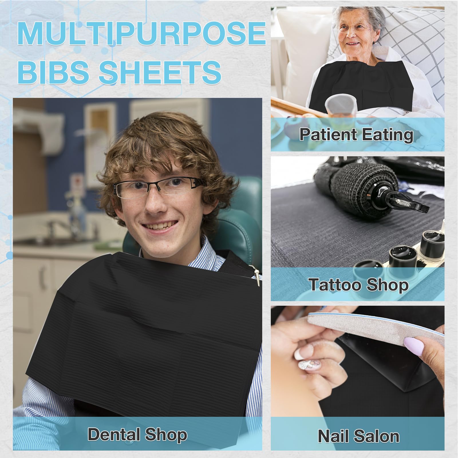 200 Pack Disposable Dental Bibs 13"x18", 3-Ply Waterproof Tattoo Bibs Sheet for Nail Salon, Dental Clinic, Feeding, Tattoo Shop (Black)