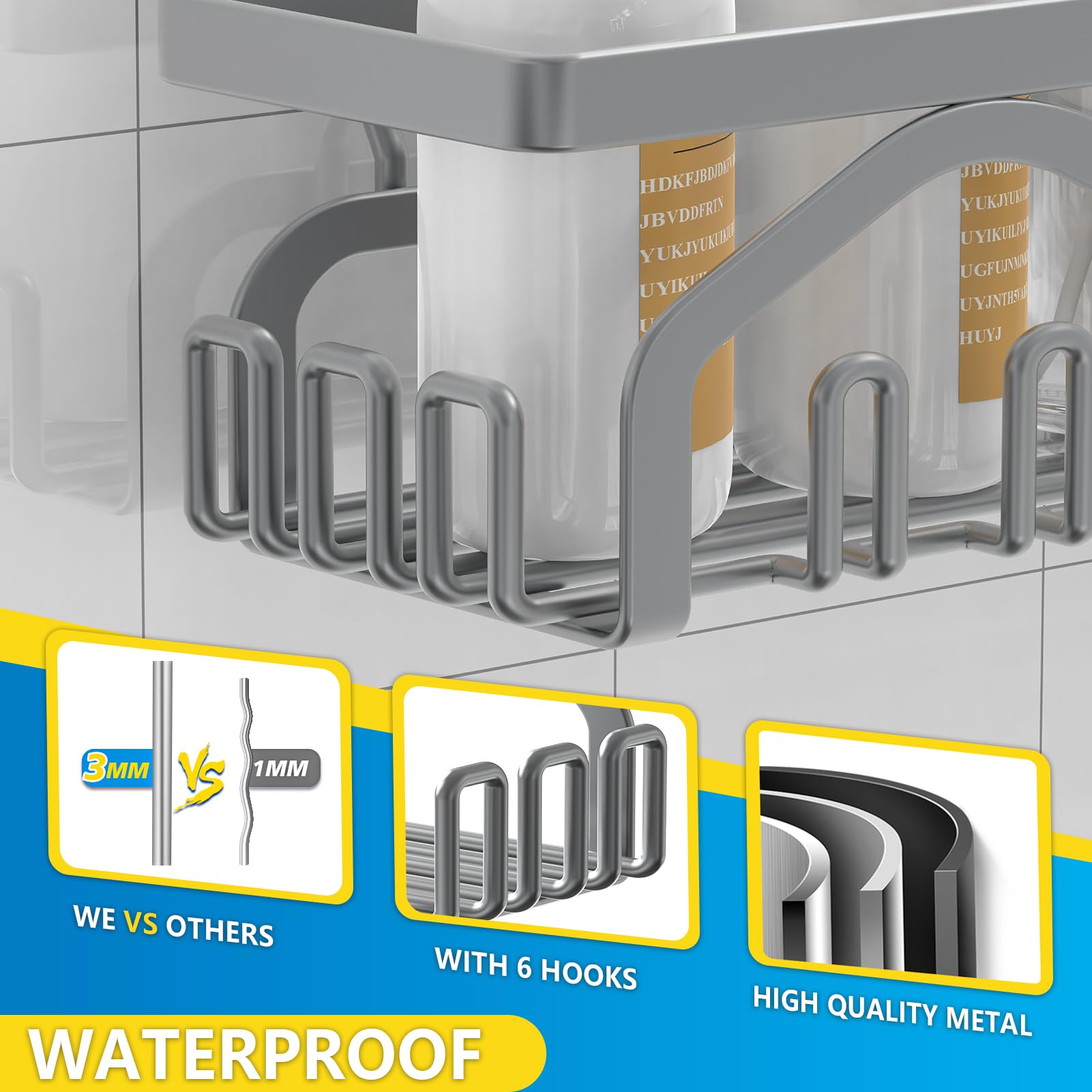 Coraje Adhesive Shower Caddy, 5-Pack Shower Shelves, Large Capacity Load Bearing 40 LBS Shower Organizer, No Drilling Shower Shelf, Rustproof Bathroom Shower Storage, Grey