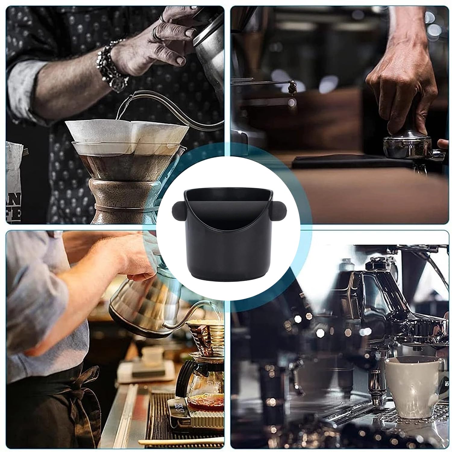 Asphodelia Coffee Knock Box and Coffee Stirrer,ABS Coffee Grind Knock Box, Shock-Absorbent Durable Grind Waste Bin with Removable Detachable Knock Bar and Non-Slip Base