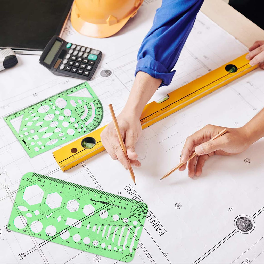 11PCS Geometric Drawings Templates, Drafting Stencils Measuring Tools, Transparent Green Plastic Ruler, for Architecture, Office, Studying, Designing