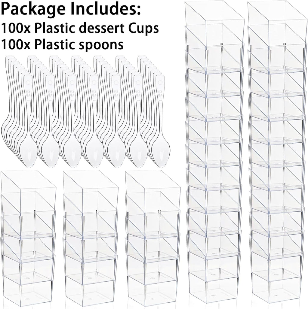 Okllen 100 Pack 3 Oz Mini Dessert Cups with Spoons, Clear Slanted Square Dessert Tumbler Thick Plastic Shot Glasses, Appetizer Parfait Cups Small Serving Bowls for Ice Cream, Puddings, Tasting Party