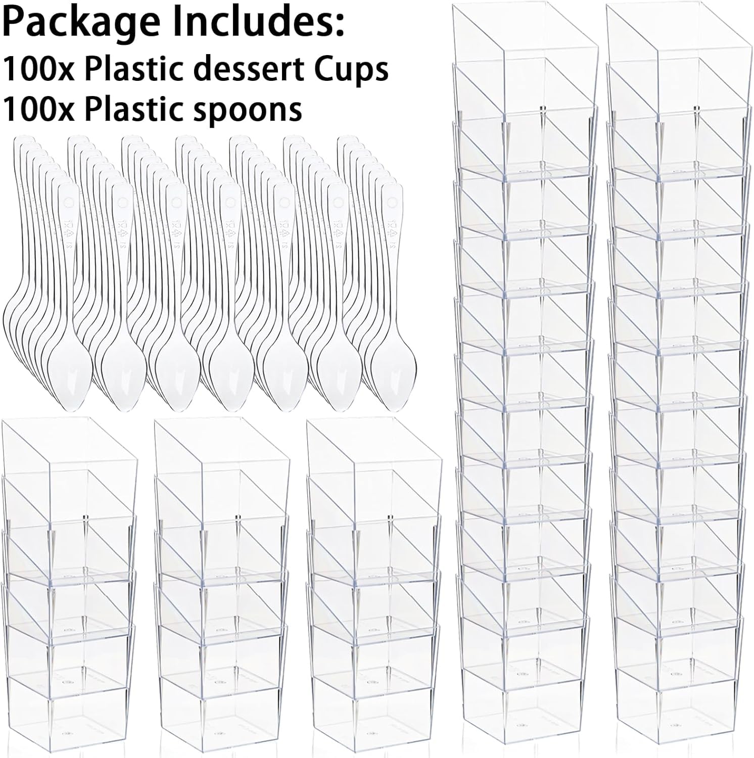 Okllen 100 Pack 3 Oz Mini Dessert Cups with Spoons, Clear Slanted Square Dessert Tumbler Thick Plastic Shot Glasses, Appetizer Parfait Cups Small Serving Bowls for Ice Cream, Puddings, Tasting Party