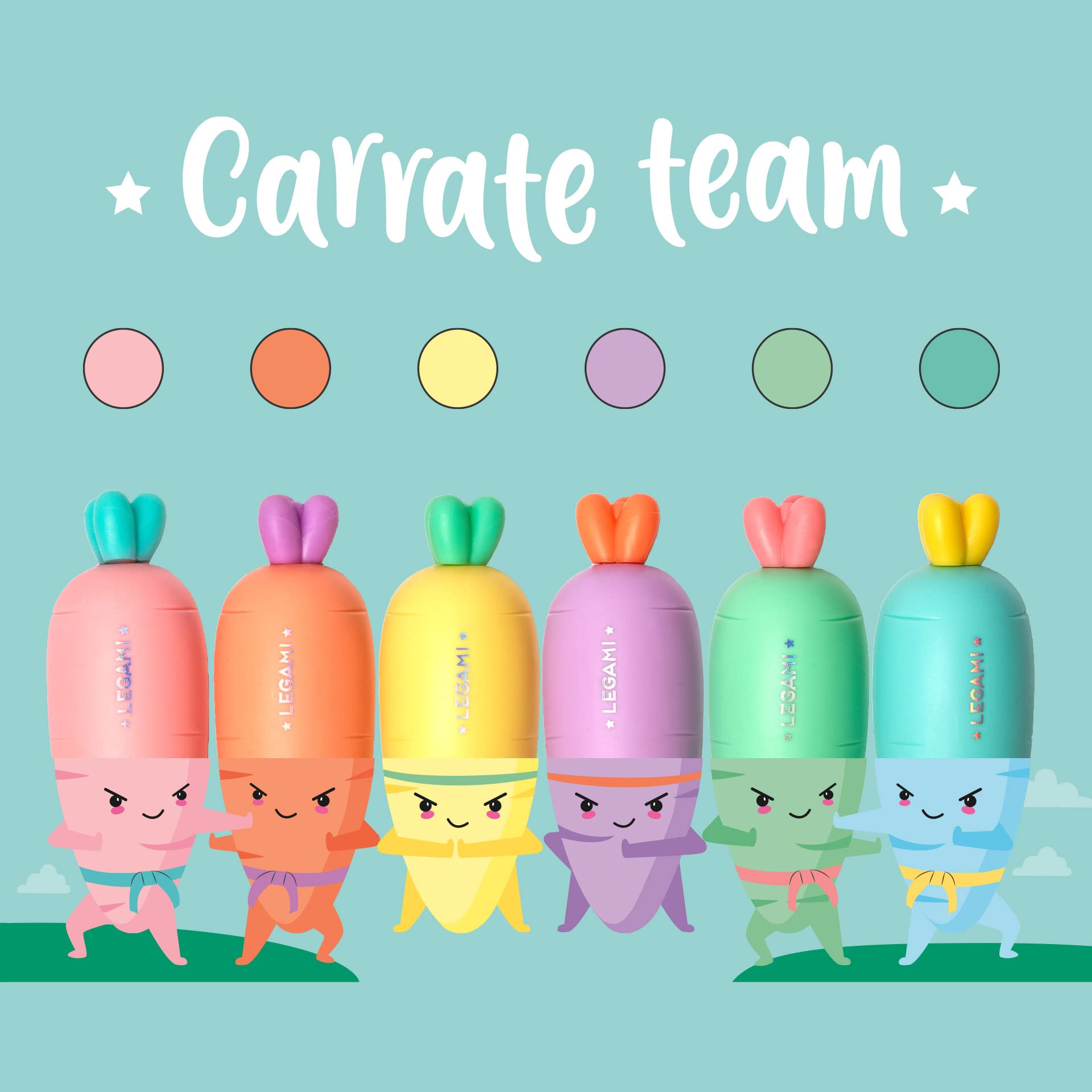 Legami HC0001 Set of 6 Mini Highlighters, Carrate Team, Carrot Shape Highlighters, Water Based Inks, for Fine and Thick Lines, Pastel Colours, Quick Drying