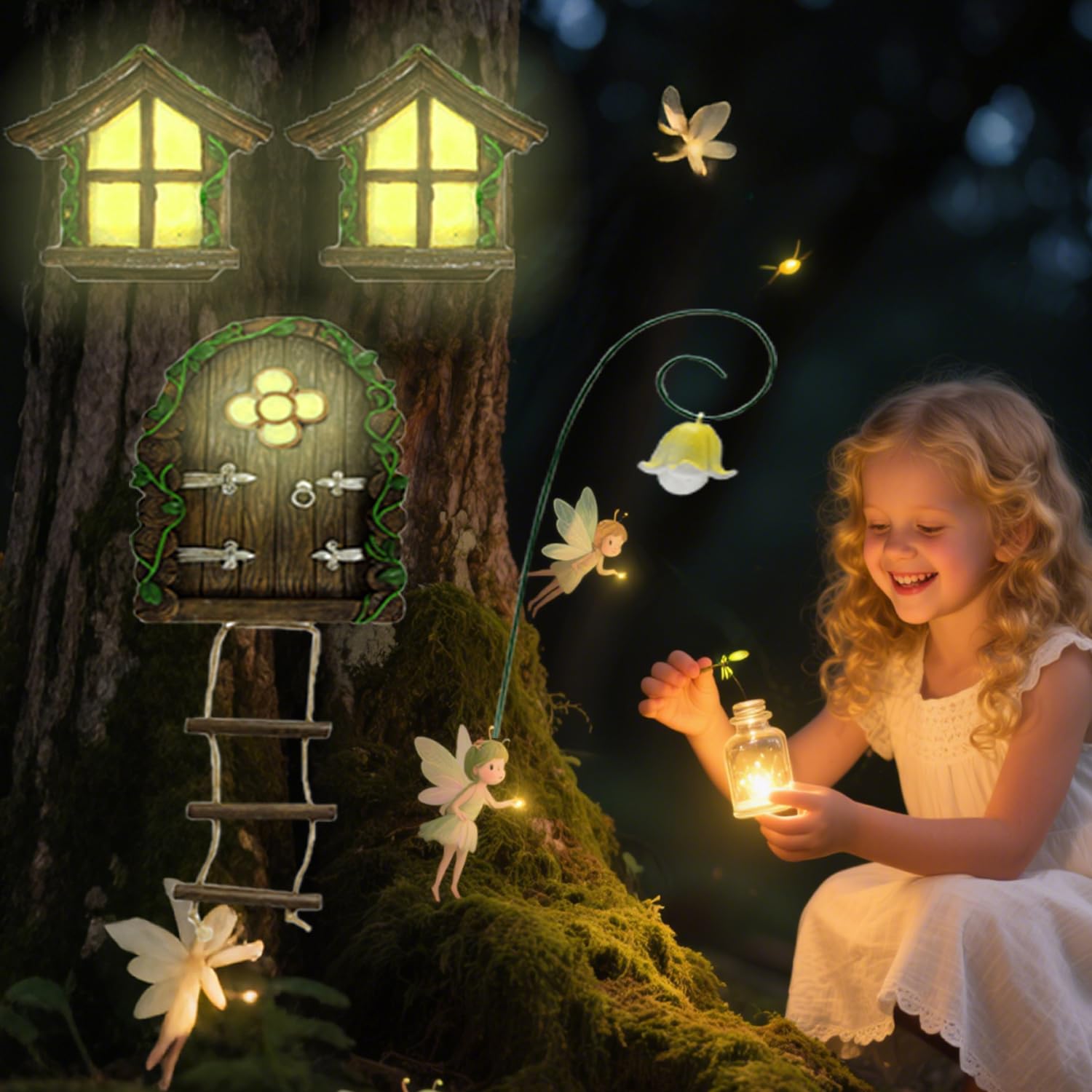 Fairy Garden Door and Windows – Glow in The Dark Yard Art Sculpture Decoration Accessories,Wall and Trees Outdoor | Miniature Garden Outdoor Decor Accessories with Bonus Fairy Lantern