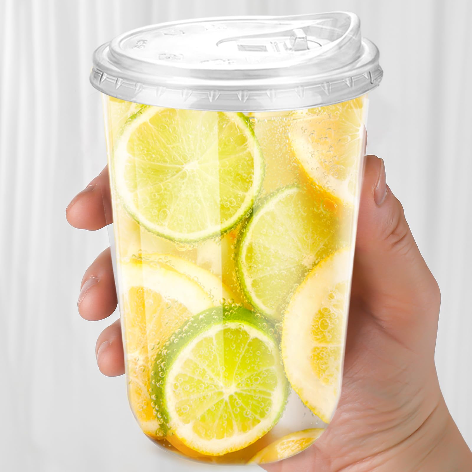 16oz Disposable Stemless Glasses With Strawless Sip Lids,PET Disposable Drinking Cups,Clear Plastic Wine Glasses for Parties Birthday,Wedding,Meeting,Christmas Party Supplies (100, Transparent)