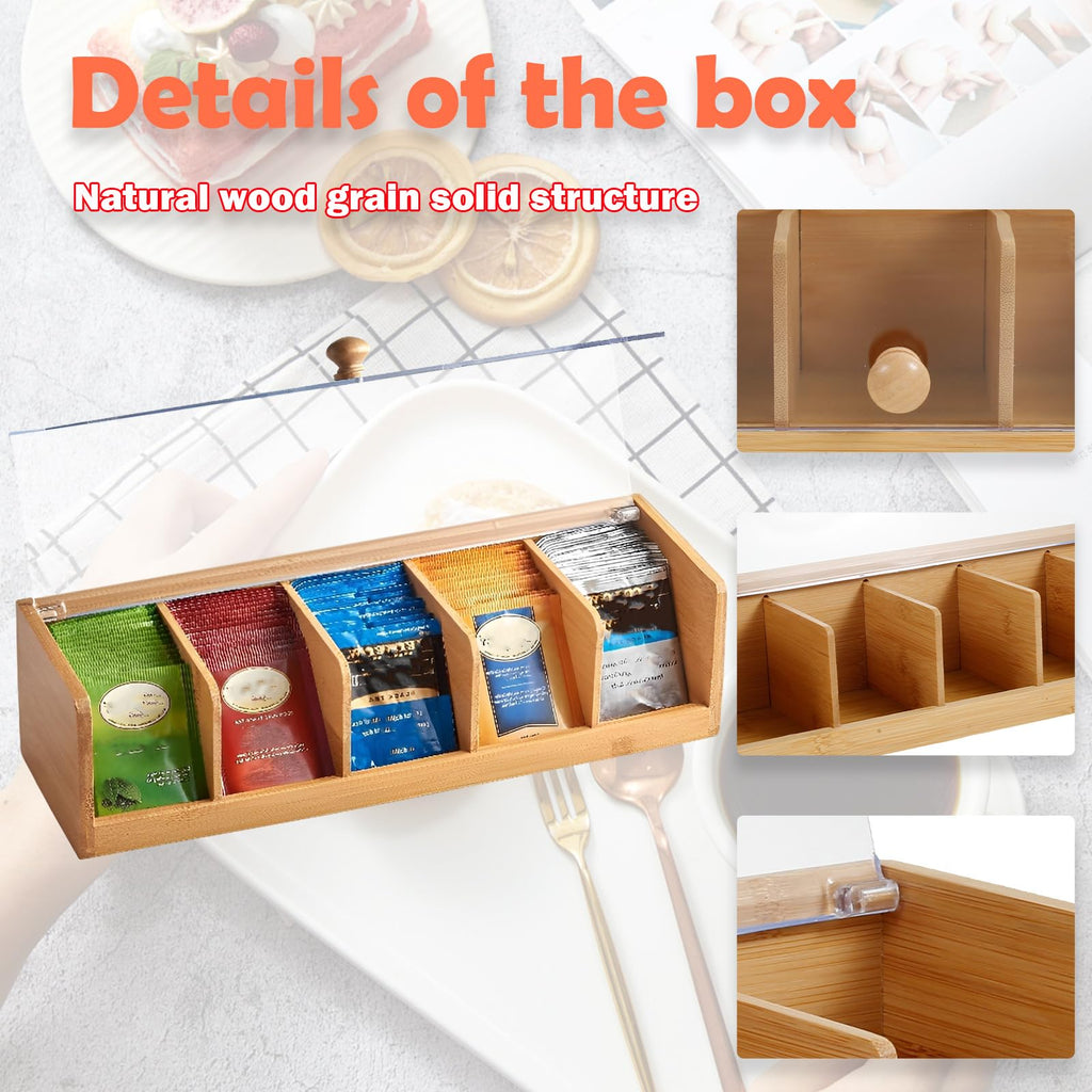 Bamboo Tea Bag Organizer, Bamboo Tea Box with 5 Compartments, Tea Storage Organizer Holder Box with Acrylic Window for Teabags, Countertop TeaStation Organizer for Home Kitchen Office Cabinet Pantry