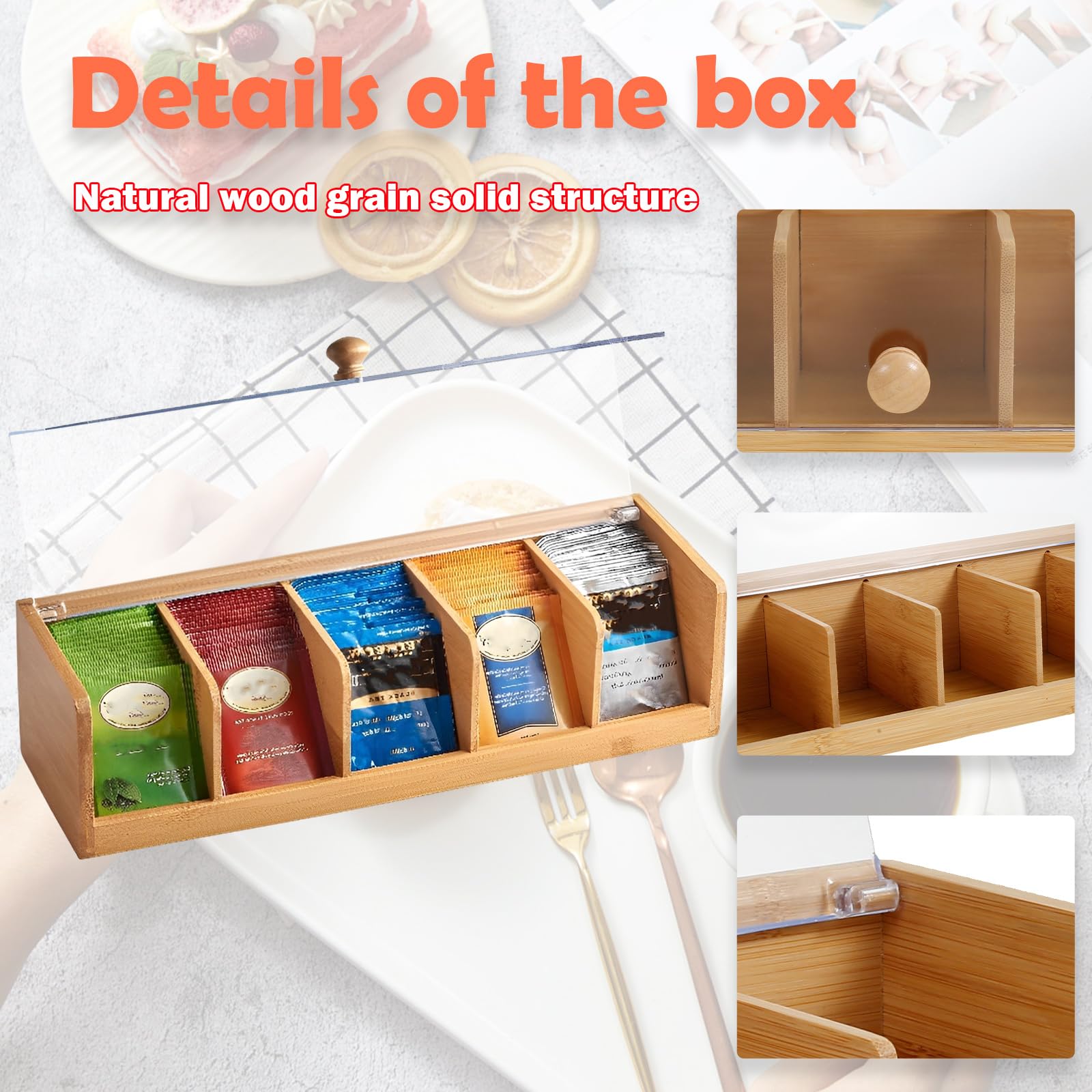 Bamboo Tea Bag Organizer, Bamboo Tea Box with 5 Compartments, Tea Storage Organizer Holder Box with Acrylic Window for Teabags, Countertop TeaStation Organizer for Home Kitchen Office Cabinet Pantry