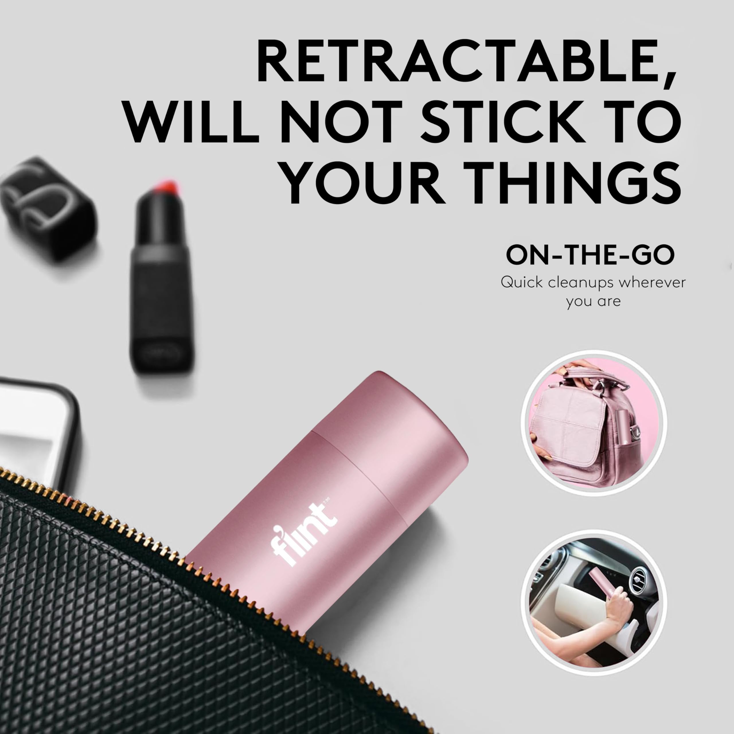 Flint Rose Gold Retractable Mini Lint Roller with 90 Extra Sticky Sheets, Small and Portable Lint Roller, Ideal Pet Hair Remover Lint Roller, Travel Lint Rollers and Lint Shaver for Clothes