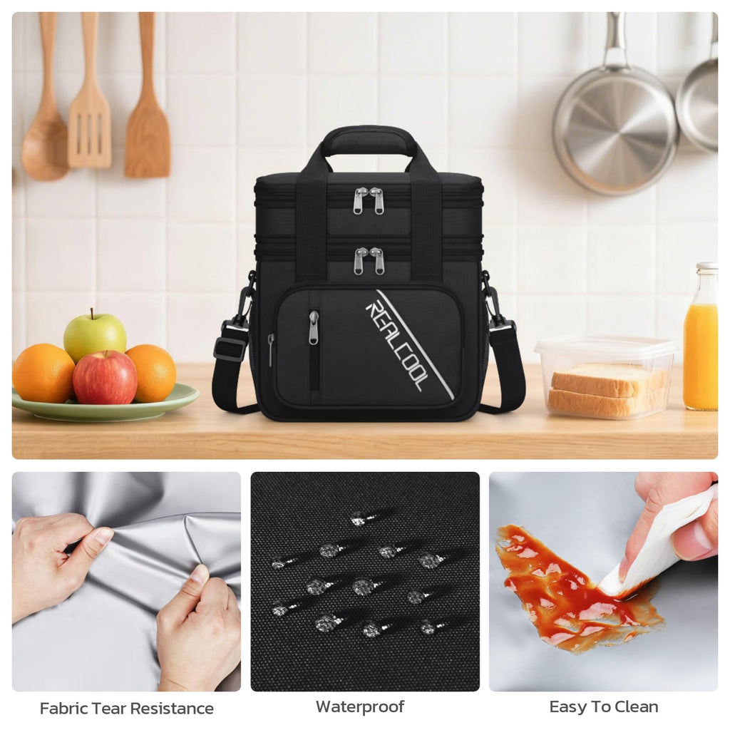 RealCool Lunch Bag, 15L Insulated Lunch Box for Men Women, Double Deck Leakproof Soft Cooler Bag with Adjustable Strap, Reusable Lunchbox for Work, Travel, Camping, Black