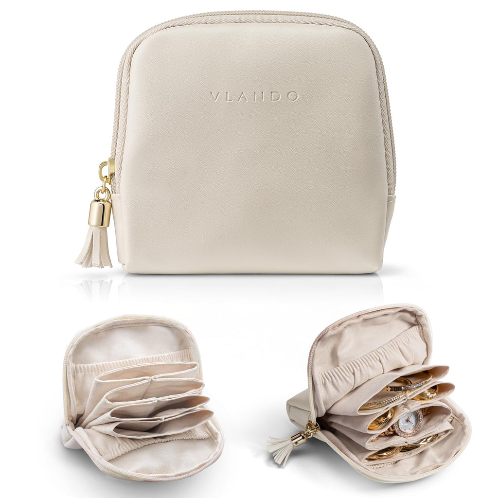 Vlando Small Travel Jewelry Case Organizer,Leather Jewelry Pouch Bags with Zipper,Portable Velvet Jewelry Organizer Bag for Earrings,Bracelets, Rings,Necklaces,Travel Essentials women,Beige