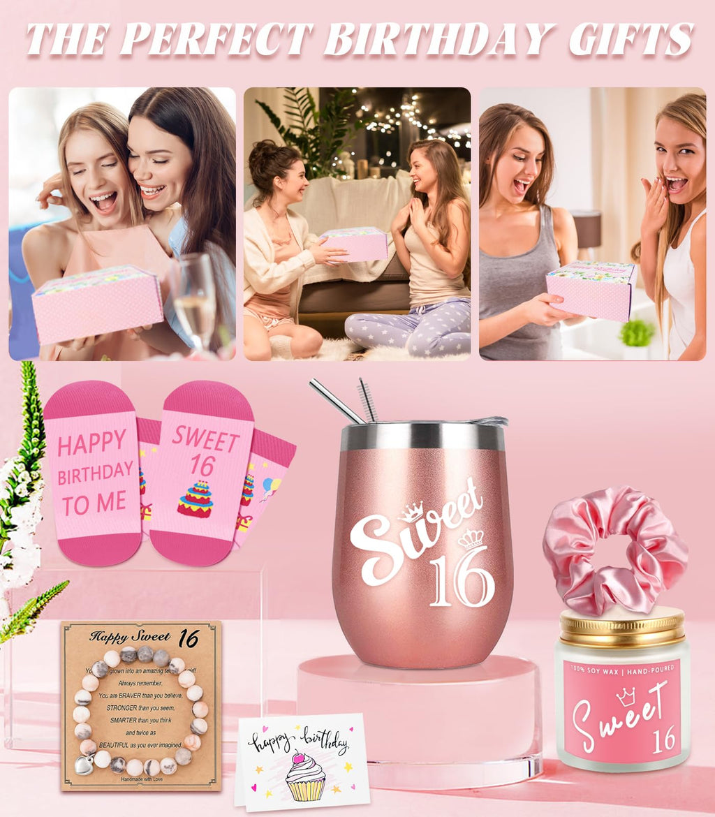 Awfrky Sweet 16 Gifts for Girls, Best 16th Birthday Gift Set, 7 Items, Including Insulated Tumbler, Bracelet, Socks, Candles, Hair Tie & Card