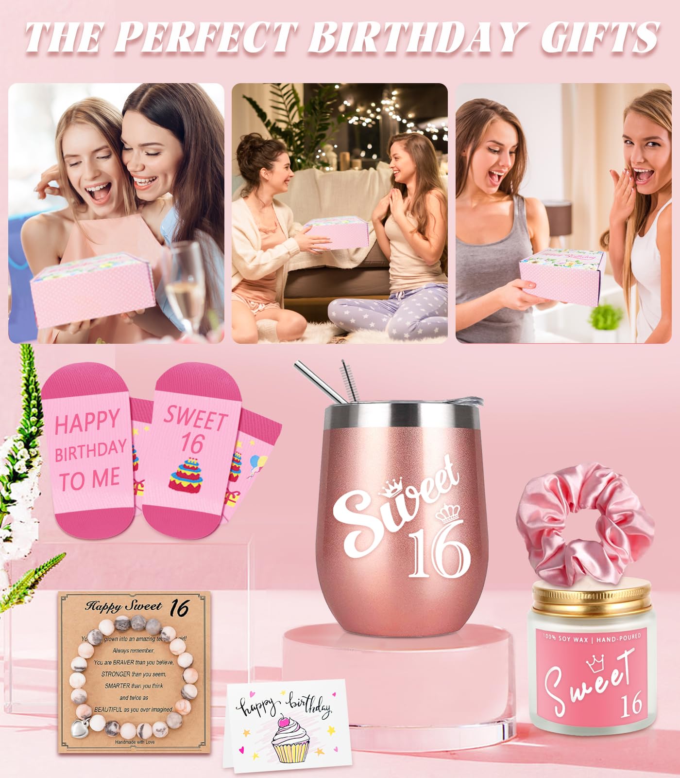 Awfrky Sweet 16 Gifts for Girls, Best 16th Birthday Gift Set, 7 Items, Including Insulated Tumbler, Bracelet, Socks, Candles, Hair Tie & Card