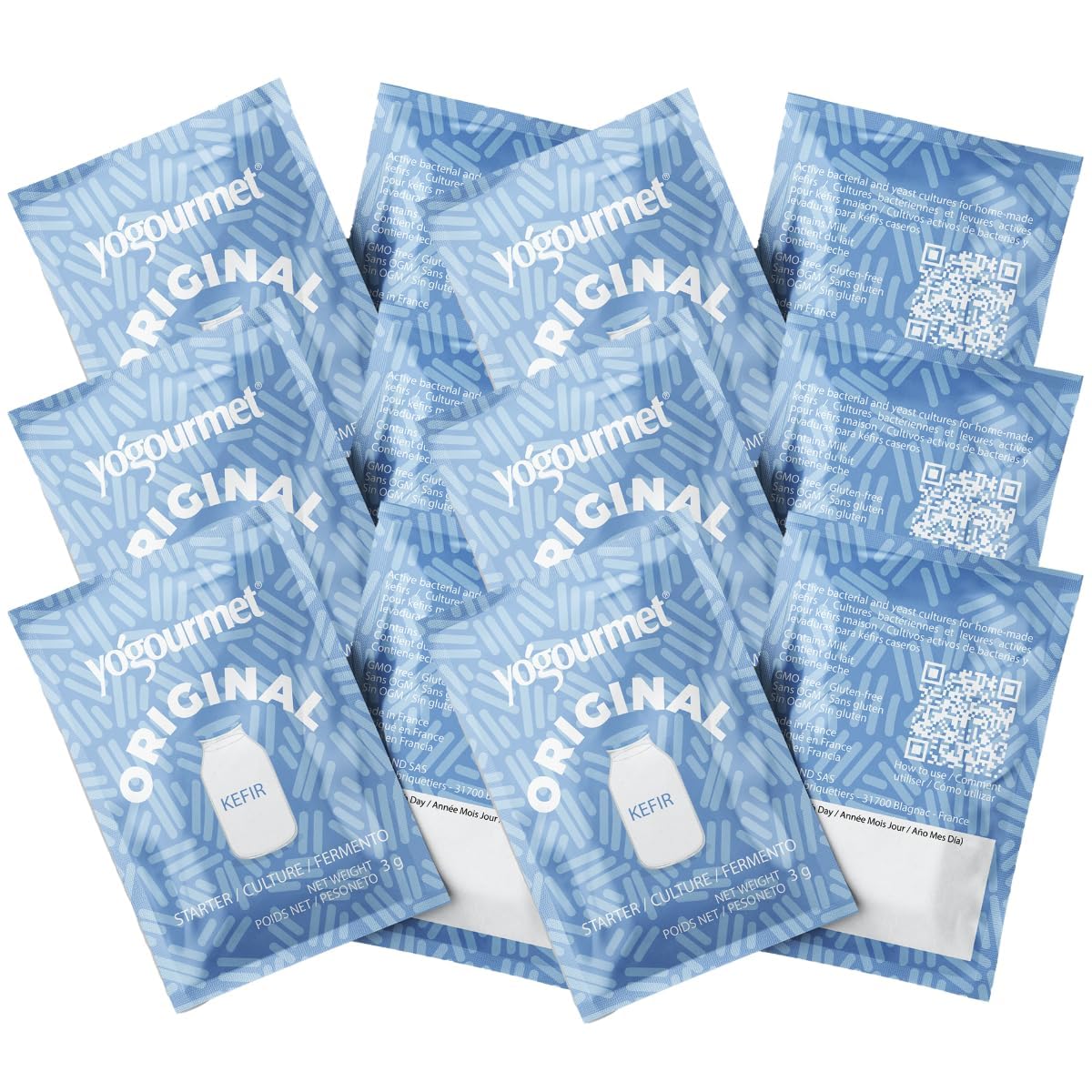 Yogourmet Kefir Starter (12 Sachets = 12 Liters of Kefir) - Make kefir at Home - Starter Culture - All Natural, Gluten Free, Kosher, Halal - 3 g Sachets