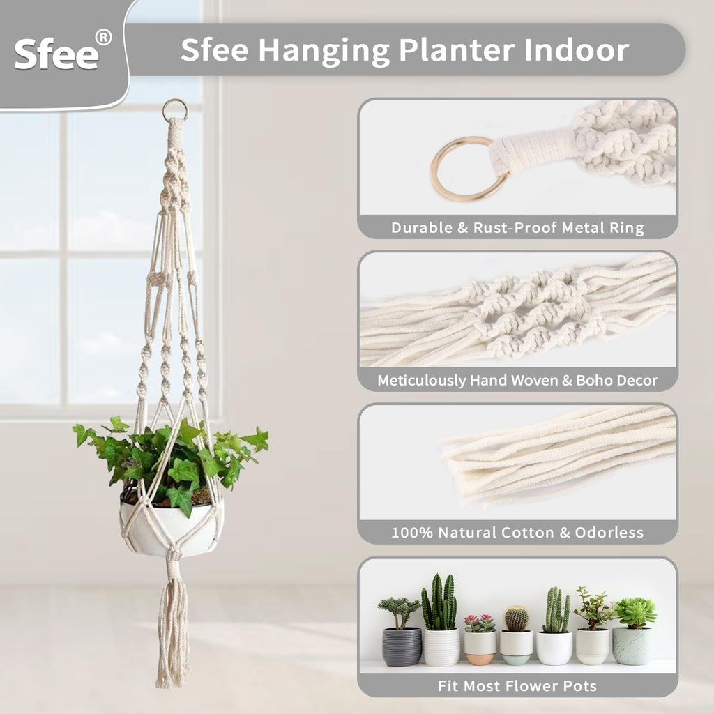 Sfee 2 Pack Macrame Plant Hangers, Hanging Planters Indoor Outdoor Handmade Cotton Rope Hanging Plant Pot Durable Flower Pots Holder for Home Garden Balcony Ceiling Decorations with 2 Hooks(White)