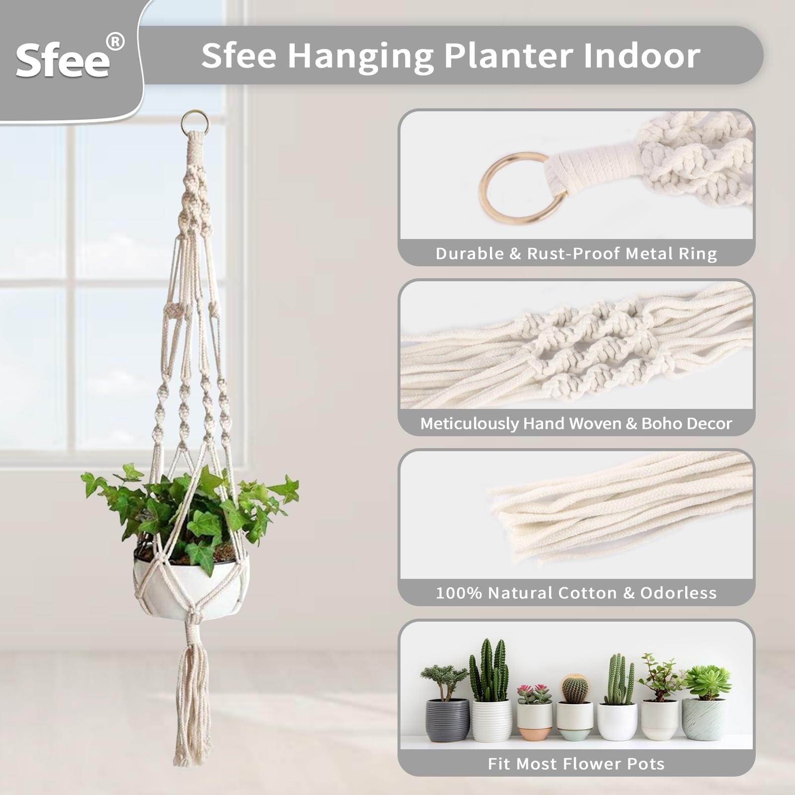 Sfee 2 Pack Macrame Plant Hangers, Hanging Planters Indoor Outdoor Handmade Cotton Rope Hanging Plant Pot Durable Flower Pots Holder for Home Garden Balcony Ceiling Decorations with 2 Hooks(White)