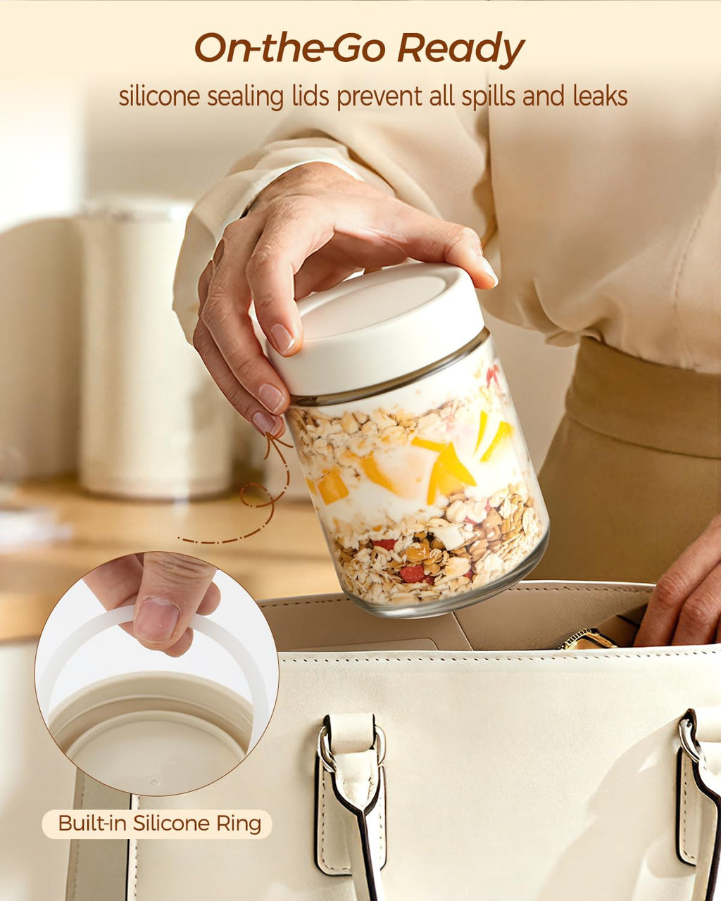 Overnight Oats Jars, Thyme Space 4 pack 500ml/16 oz Overnight Oatmeal Container with Lid for Homemade Yogurt Oatmeal Salad Jam Pudding