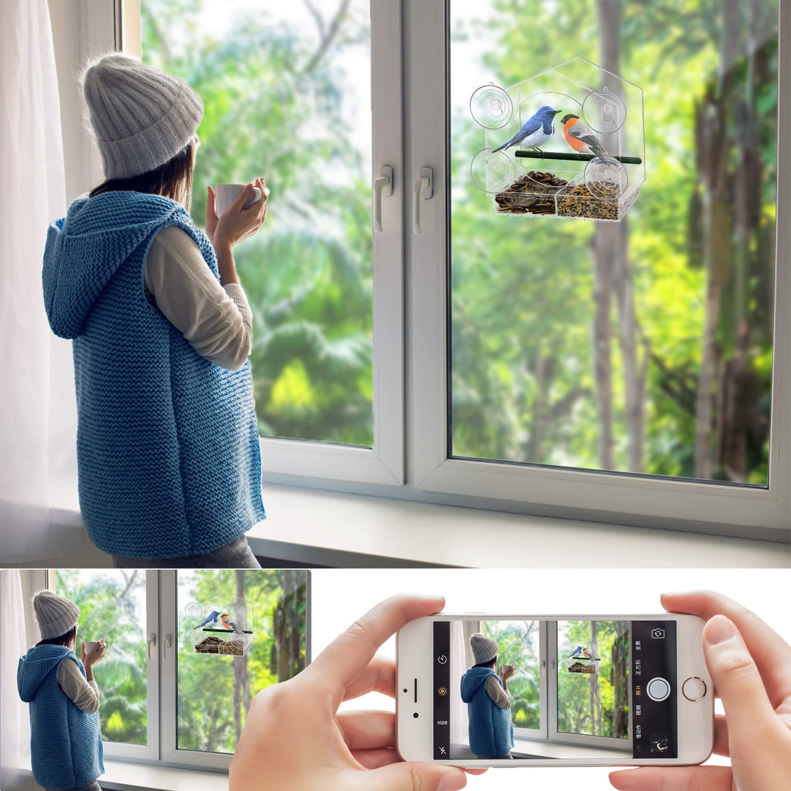 Suekiria Acrylic Window Bird Feeder with 4 Strong Suction Cups, Clear Bird House, Removable Food Tray with Drain Holes, Easy Install and Clean for Backyard and Outdoor