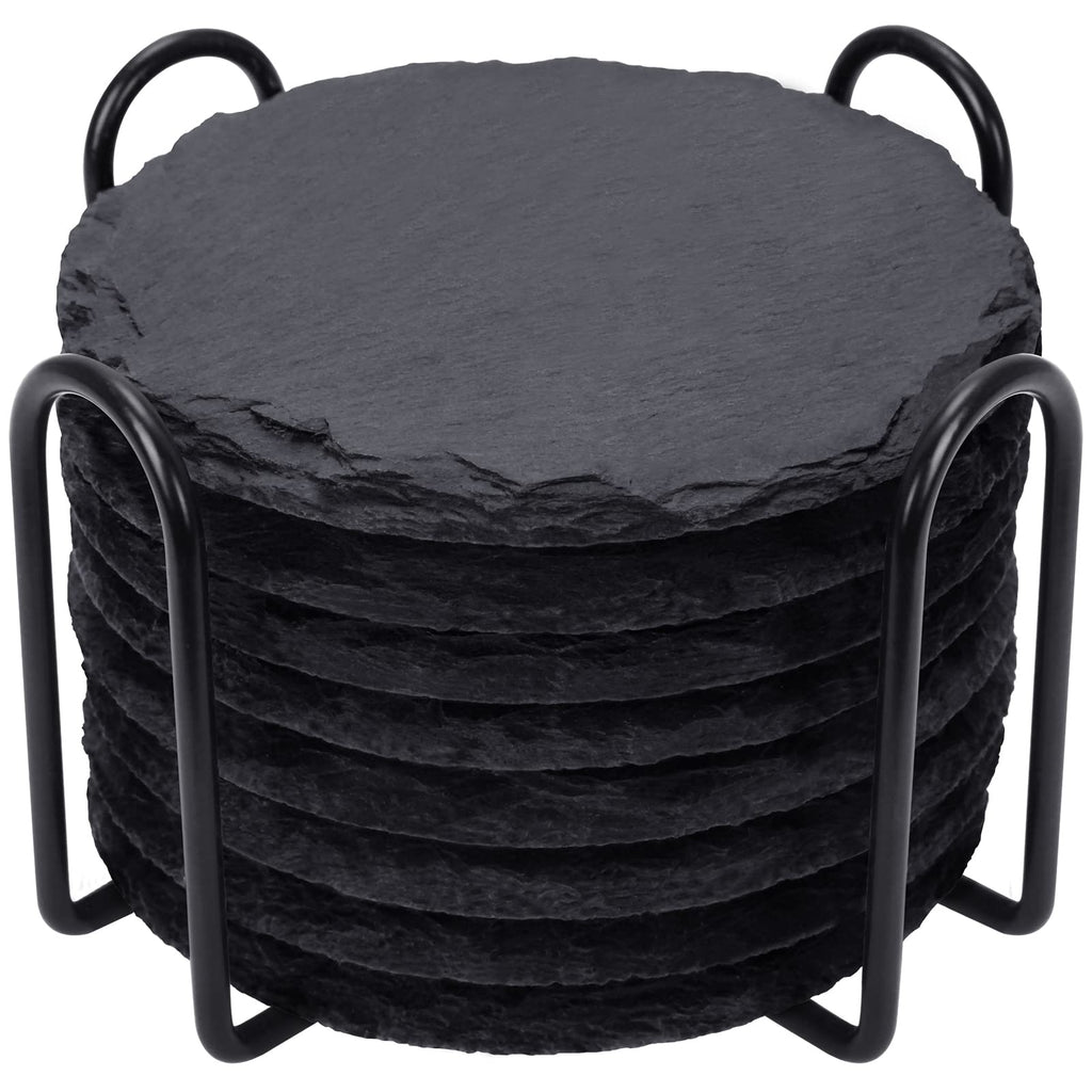 Slate Drink Coasters with Metal Holder, GOH DODD Set of 8 Black Coasters, 4 Inch Stone Coaster Set Coffee Table Decor Tabletop Protection for Home Kitchen Housewarming Gifts Wedding Party, Round