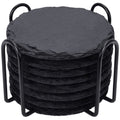 Slate Drink Coasters with Metal Holder, GOH DODD Set of 8 Black Coasters, 4 Inch Stone Coaster Set Coffee Table Decor Tabletop Protection for Home Kitchen Housewarming Gifts Wedding Party, Round