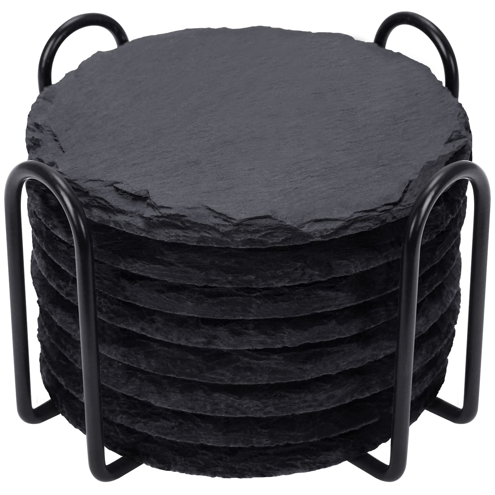 Slate Drink Coasters with Metal Holder, GOH DODD Set of 8 Black Coasters, 4 Inch Stone Coaster Set Coffee Table Decor Tabletop Protection for Home Kitchen Housewarming Gifts Wedding Party, Round