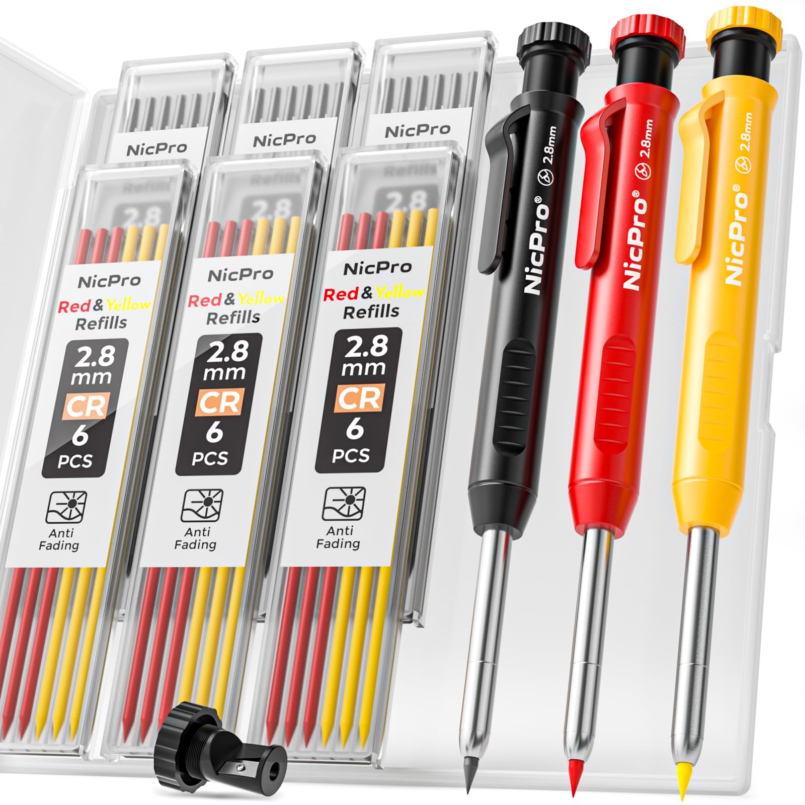 Nicpro 3 Pack Carpenter Pencil with Sharpener, Mechanical Carpenter Pencils with 39 Refills, Deep Hole Marker Construction Heavy Duty Woodworking Pencils for Architect (Red, Black, Yellow)- With Case