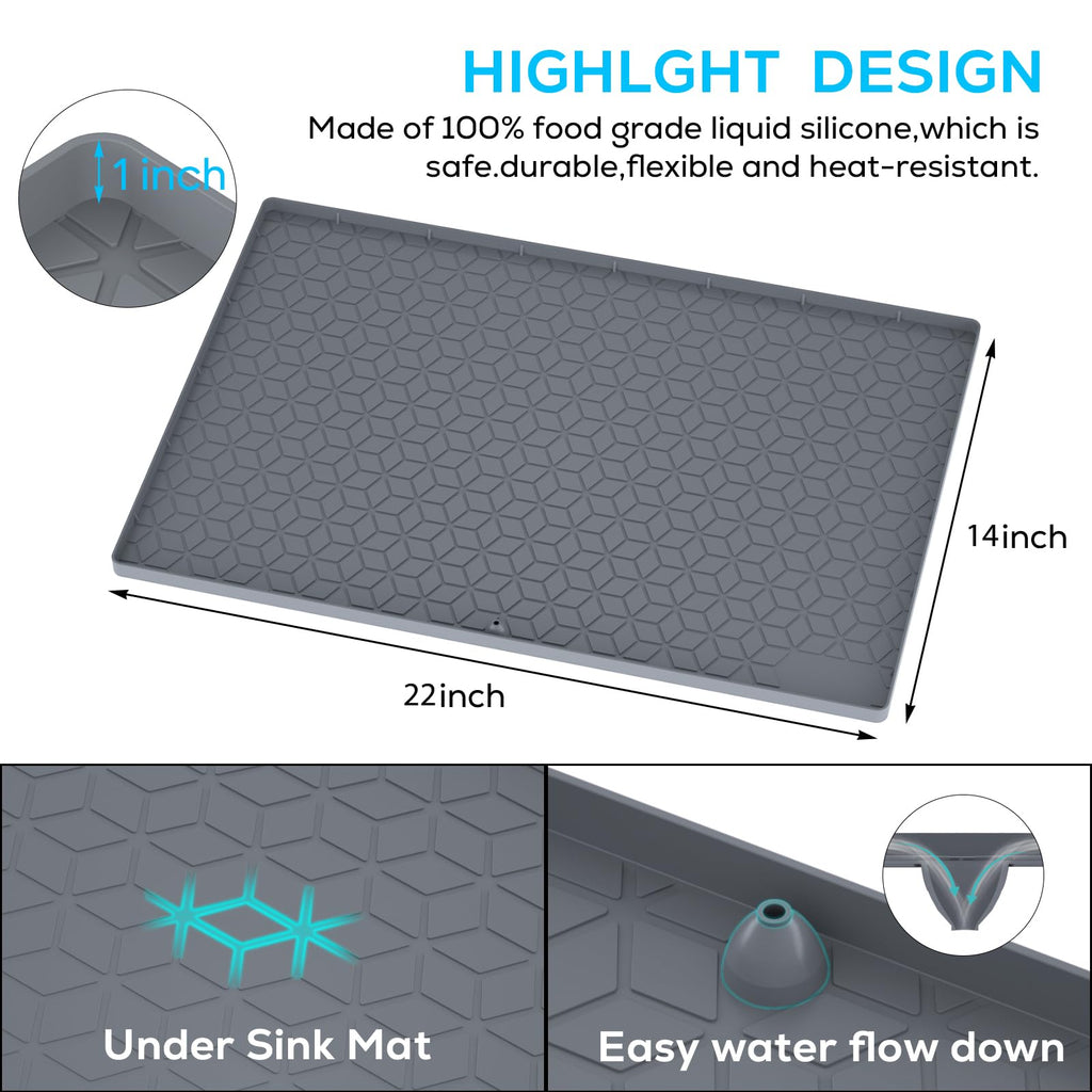 Under Sink Mats 14"x22" for Kitchen, Silicone Waterproof Liner, Sink Silicone Tray with Drain Hole, Storage and Organizers, Cabinet and Counter Protector,Litter Mat, Pet Cat Puppy Essentials