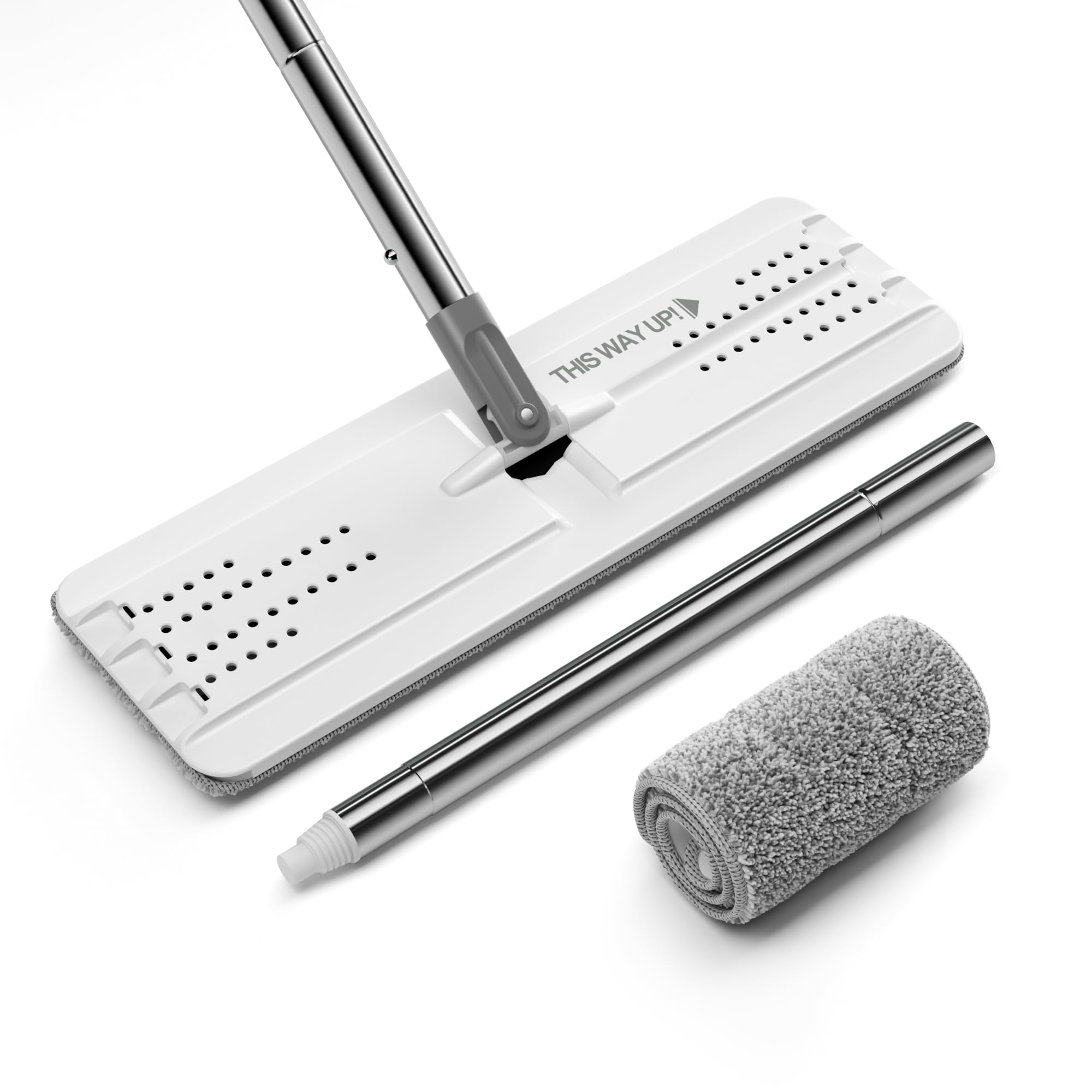 JOYMOOP Flat Mop, Microfiber Mop for Floor Cleaning and Long Handle Wall Cleaner, 60" Mop Handle with Flexible 15" Flat Head with a Microfiber Mop Pad - White