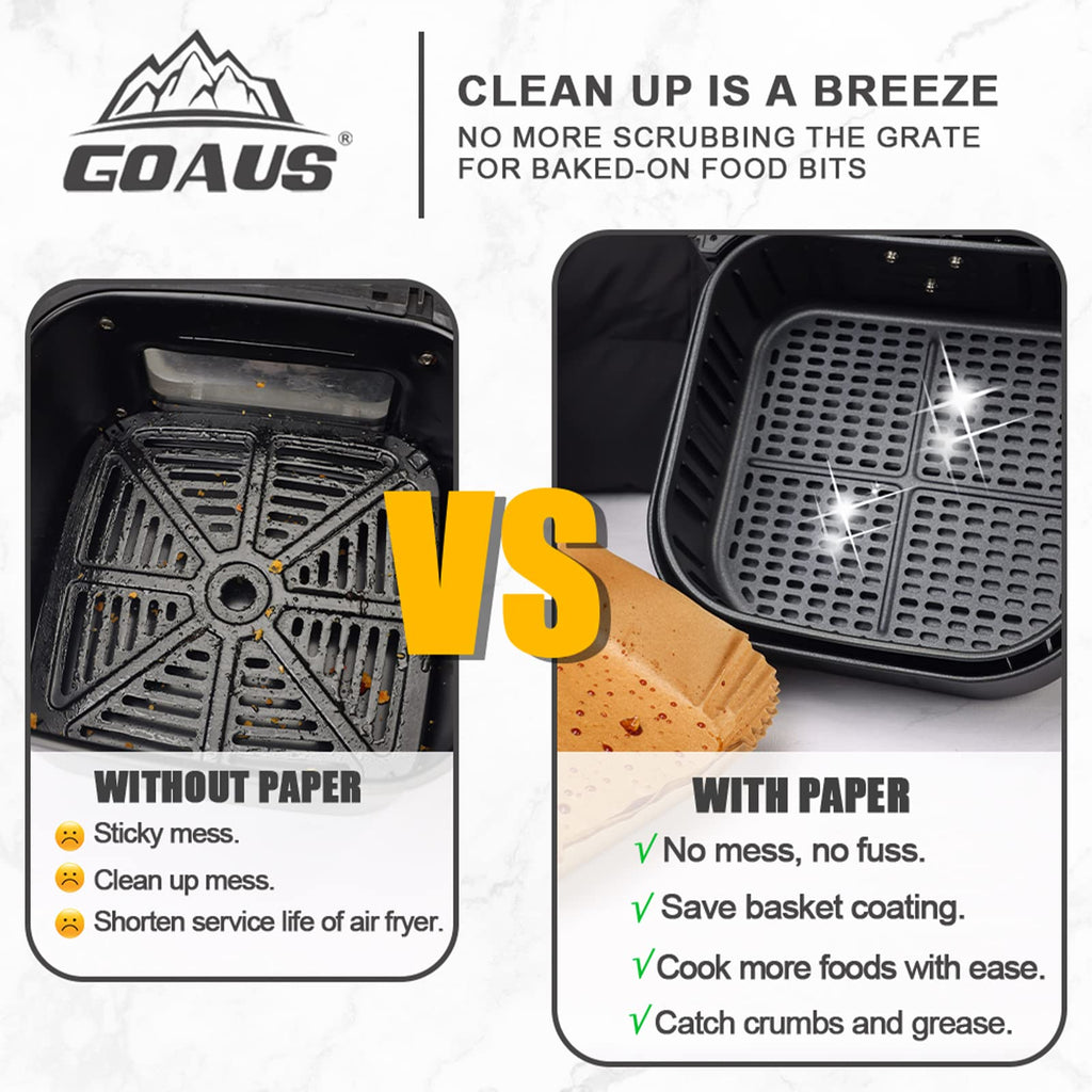 GOAUS Air Fryer Disposable Paper Liner Square Large 150 Pcs for 5 to 8 Qt Basket, 7.9 inch Unbleached Non-stick Oil-proof Parchment Paper
