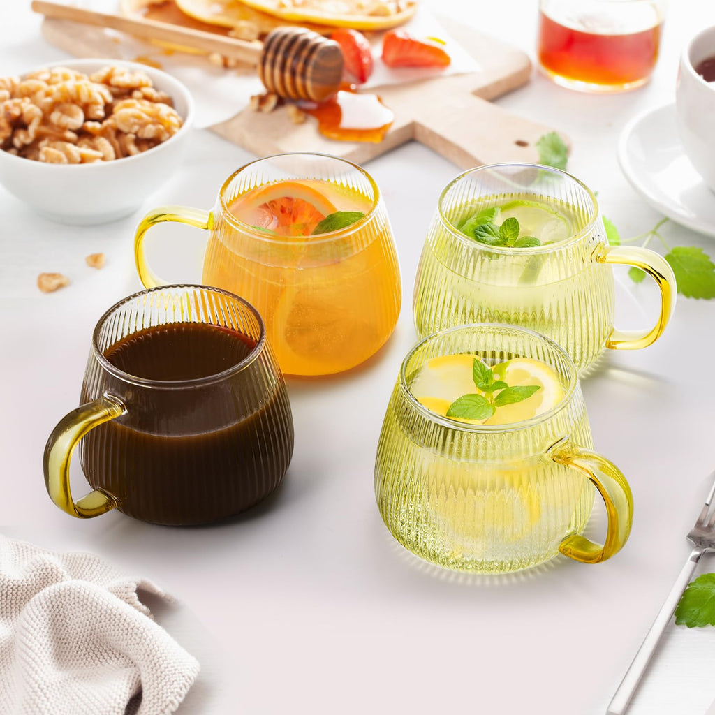 AVLA 6 Pack Glass Coffee Mugs, 16 OZ Unique Vertical Stripes Coffee Cup, Clear Large Tea Glasses with Handles, Vintage Transparent Glassware for Hot/Cold Beverages, Cappuccino, Latte, Espresso, Juice