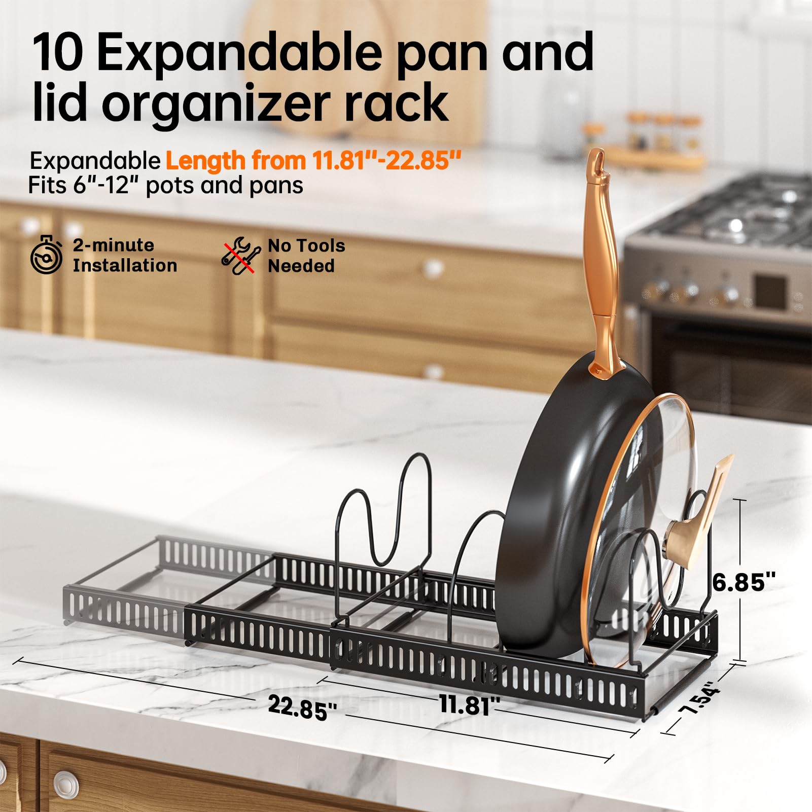 MUDEELA Pots and Pans Organizer Rack for Under Cabinet, Expandable 11.71''-22.85'' Pot Lid Kitchen Cabinet Organizer Holder with 10 Adjustable Compartment Cutting Board Organizer for Pan Lid, Bakeware