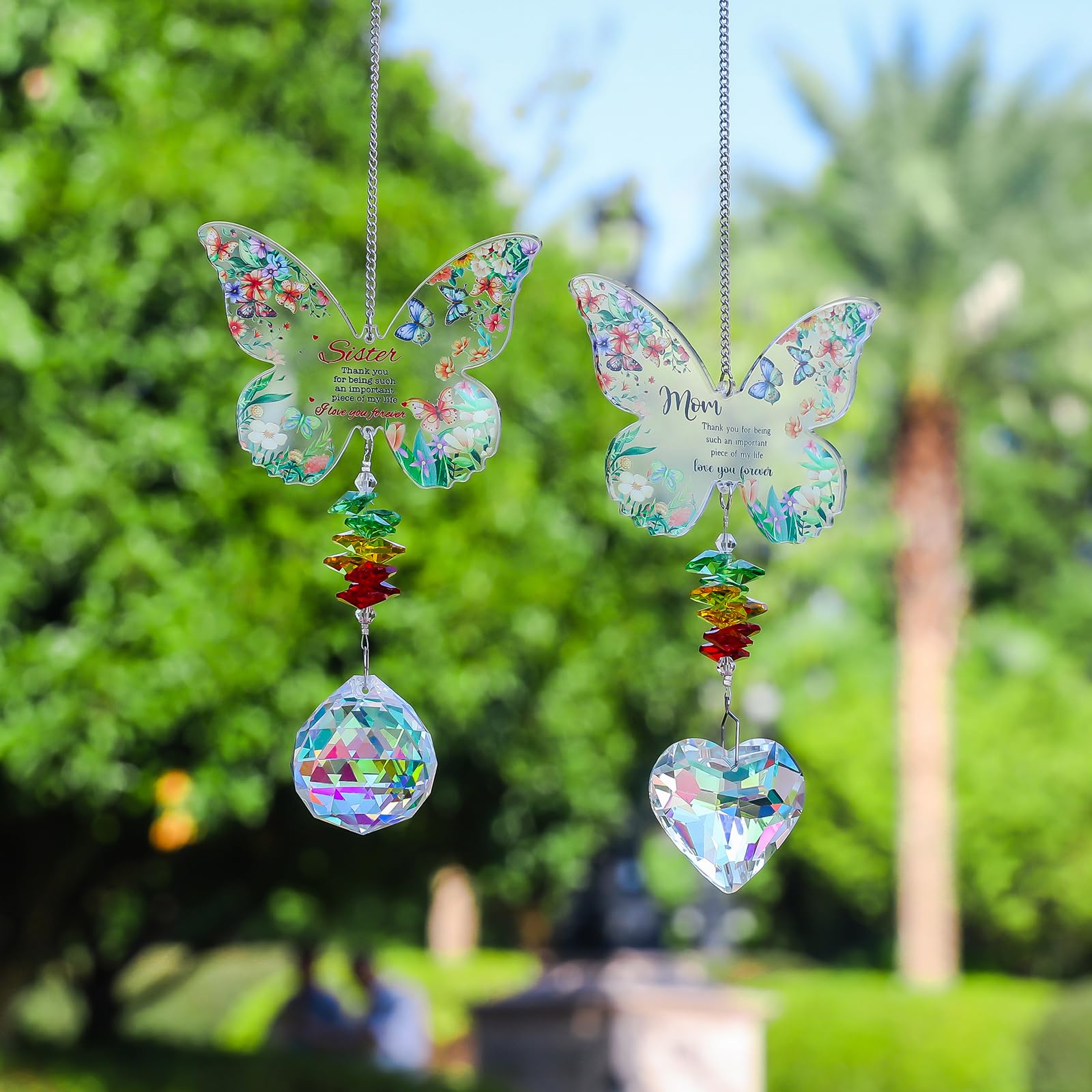 Yimofy Butterfly Crystal Sun Catcher with Grateful Message Sister Christmas Birthday Gifts from Sister Brother, Hanging Crystal Suncatcher Ornament Rainbow Maker for Window Garden Decor