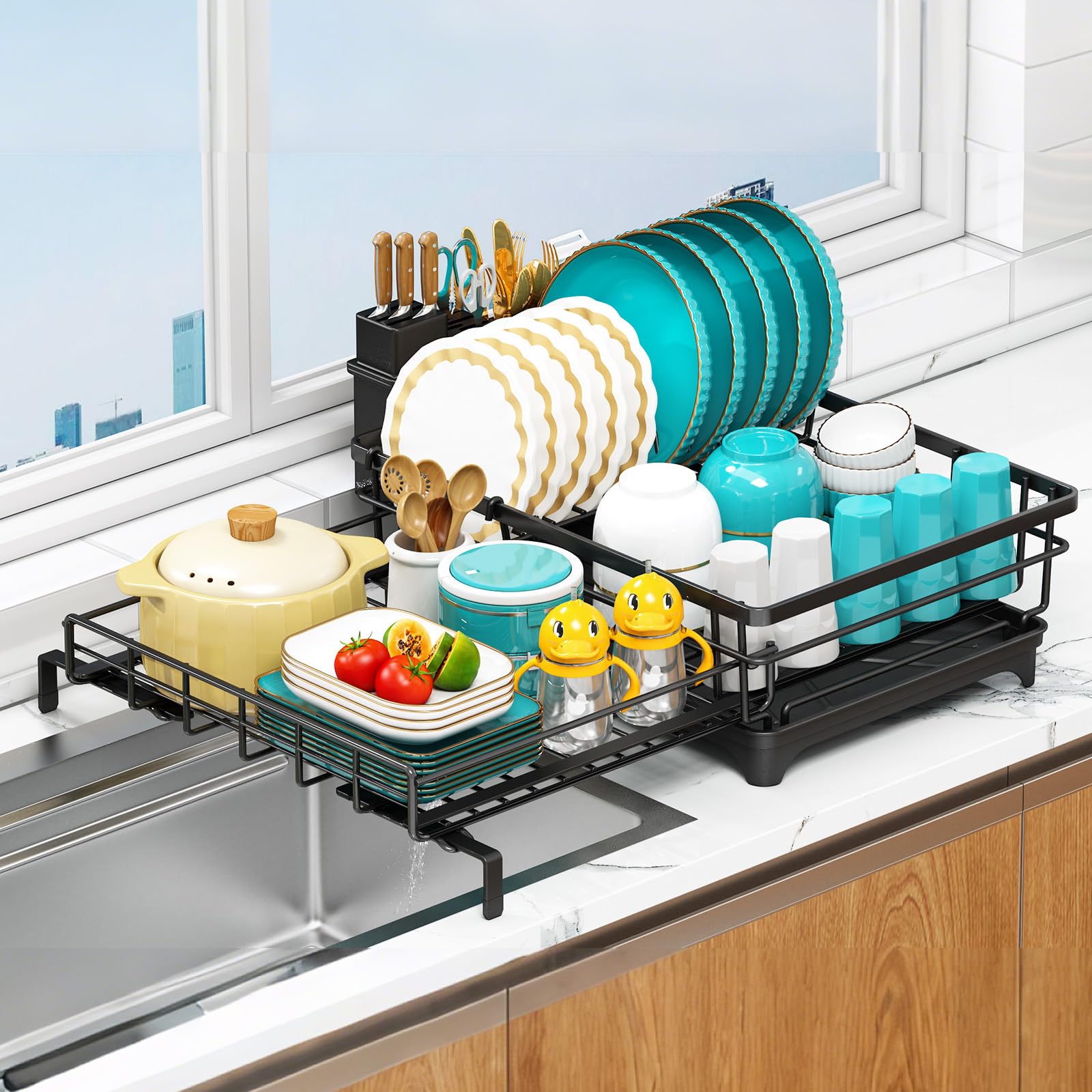 Large Dish Drying Rack,Expandable Dish Rack for Kitchen Counter,Dish Racks with Drain Board and Cutlery Holder,Kitchen Organizers and Storage,Black