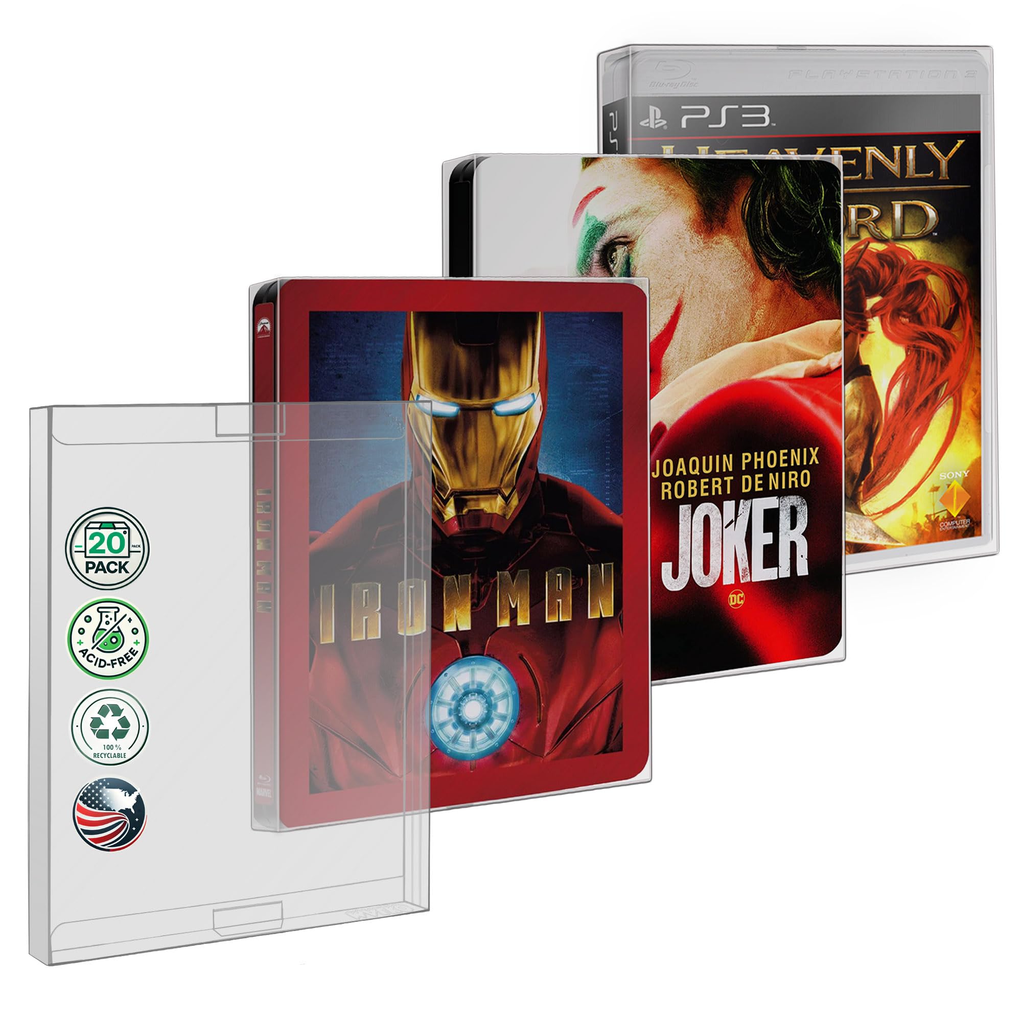 MALKO Steelbook Protector Case. Compatible with: 4K UHD | Blu-Ray | Arrow Video w/Slipcover | Criterion Blu Ray Case | PS3 & PS4 Steelbooks | 20 Pack