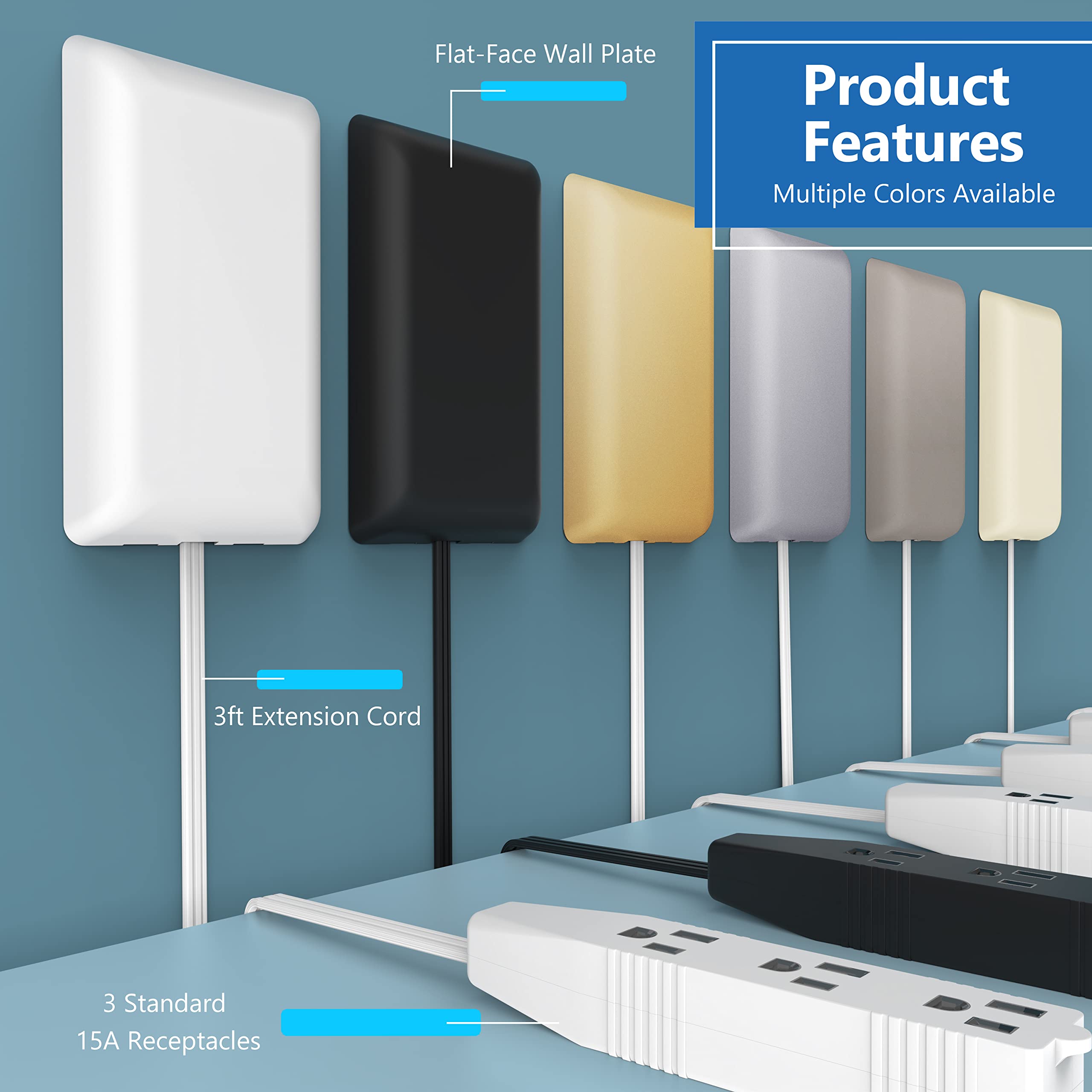 LIDER Flat-Face Outlet Extender with 3 Receptacles, Ultra-Thin Wall Plate Plug with Cord Extender and 3-Outlet Power Strip, 3ft Cord, LWE3-315-BK, Black