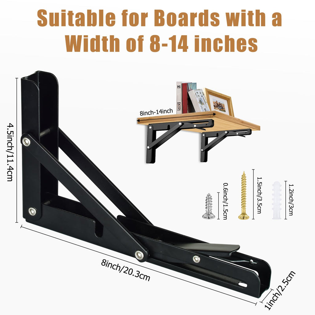4 Pcs Folding Shelf Brackets, 8 inch Heavy Duty Foldable Triangle Shelving Brackets with Screws, Black Metal Wall Mounted Brackets for Bench Table, Space Saving, Shelves Support DIY