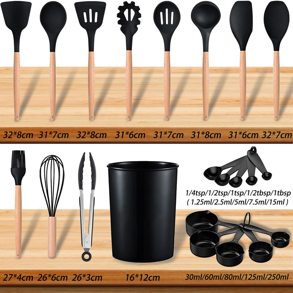 Cooking Utensils Set, 22 Pcs Heat Resistant Silicone Kitchen Utensils Spatula Set with Holder, Kitchen Gadgets Utensil Set for Nonstick Cookware (Black)