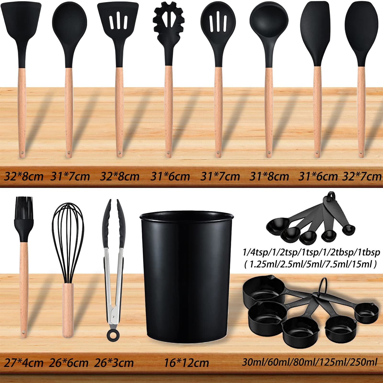 Cooking Utensils Set, 22 Pcs Heat Resistant Silicone Kitchen Utensils Spatula Set with Holder, Kitchen Gadgets Utensil Set for Nonstick Cookware (Black)