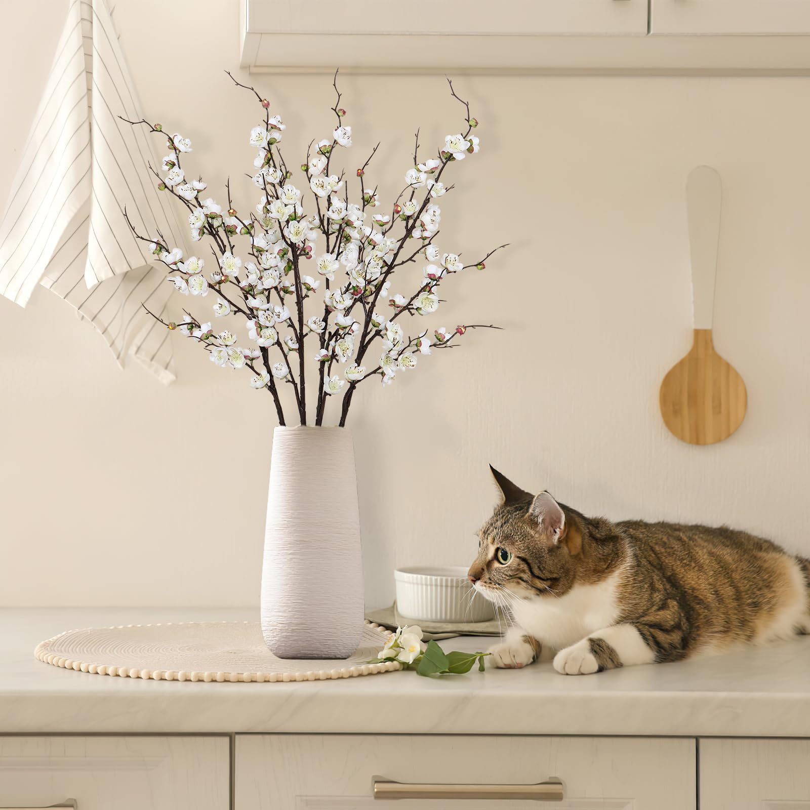 Betylifoy Artificial Plum Blossom Flowers 4Pcs Faux Silk Cherry Blossom 38" Long Stems Fake Plum Blossom Branches Artificial Silk Flower for Flowers Arrangement Wedding Home Table Decor (White, 4PCS)