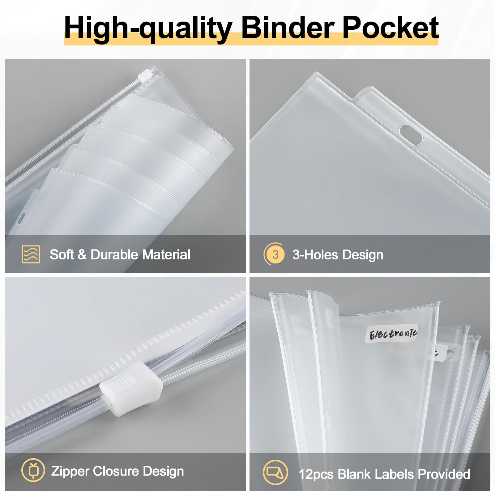 KTRIO Letter Size Binder Pockets 3 Ring Binder Zipper Pouch 12 Pack, 3 Holes Clear PVC Loose Leaf Bags 8.5"×11" Document Folders for Business Office School Supplies