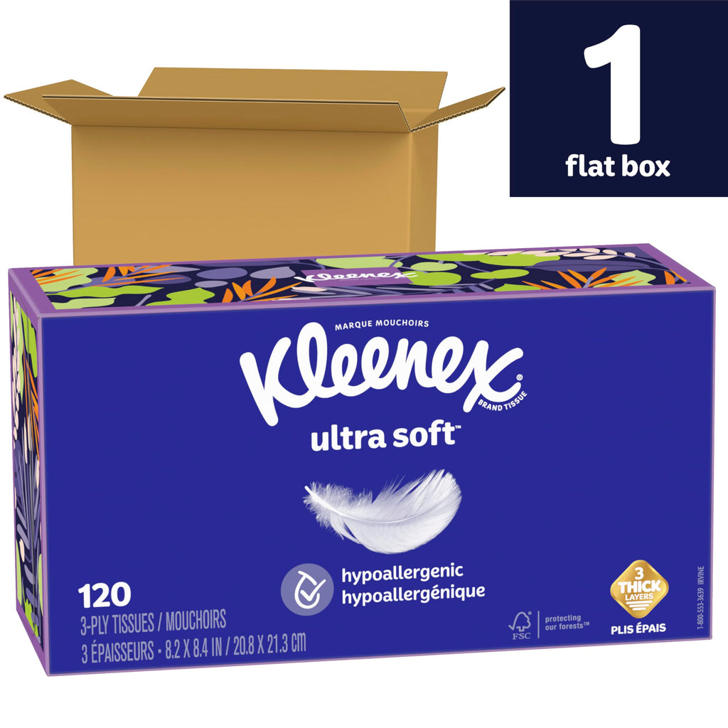 Kleenex Ultra Soft Facial Tissues, 1 Flat Box, 120 Tissues per Box, 3-Ply, Packaging May Vary