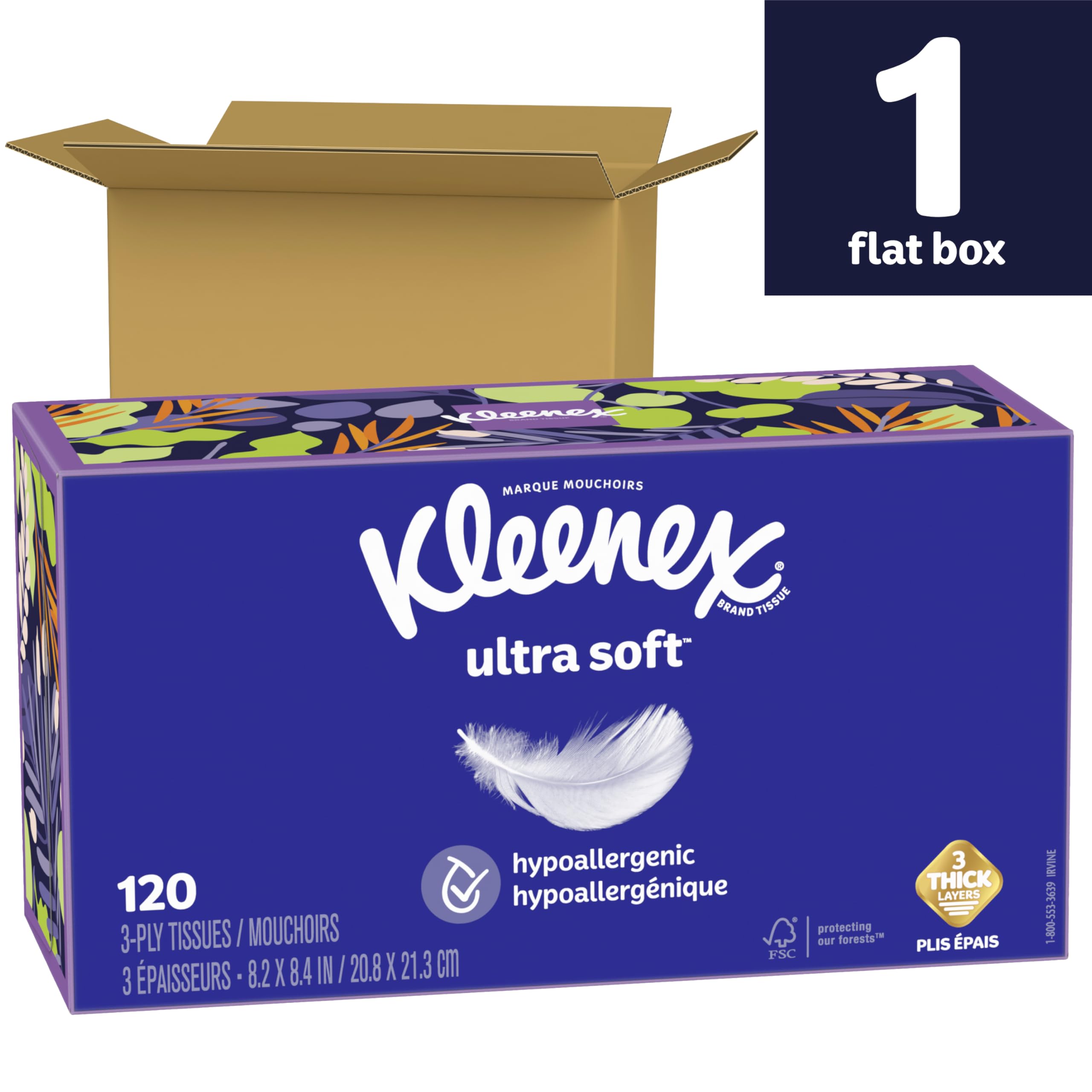 Kleenex Ultra Soft Facial Tissues, 1 Flat Box, 120 Tissues per Box, 3-Ply, Packaging May Vary