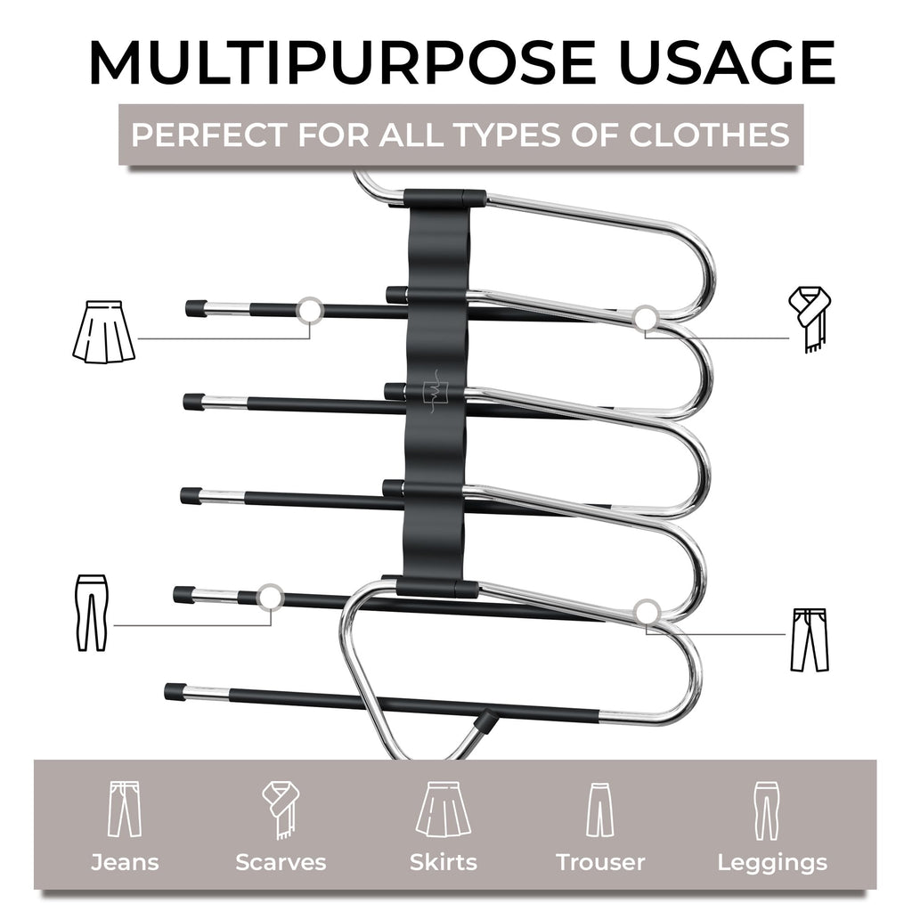MORALVE Pants Hangers Space Saving - 4 Pack - Non-Slip Multi-Layer Space Saving Hangers - Multifunctional Clothing Rack for Closet Storage - Ideal for Jeans, Trousers, Skirts, Scarves & Slacks (Black)