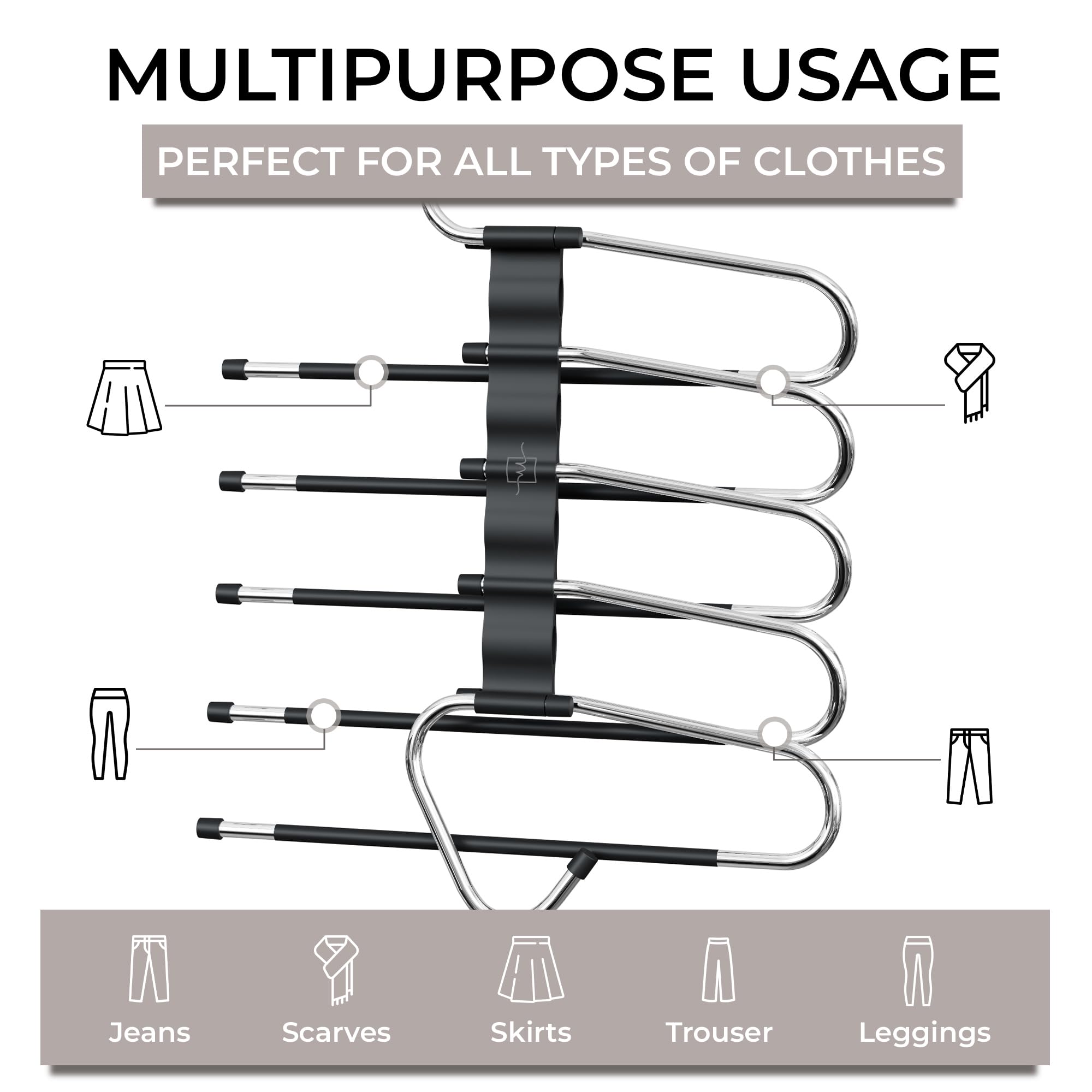 MORALVE Pants Hangers Space Saving - 4 Pack - Non-Slip Multi-Layer Space Saving Hangers - Multifunctional Clothing Rack for Closet Storage - Ideal for Jeans, Trousers, Skirts, Scarves & Slacks (Black)